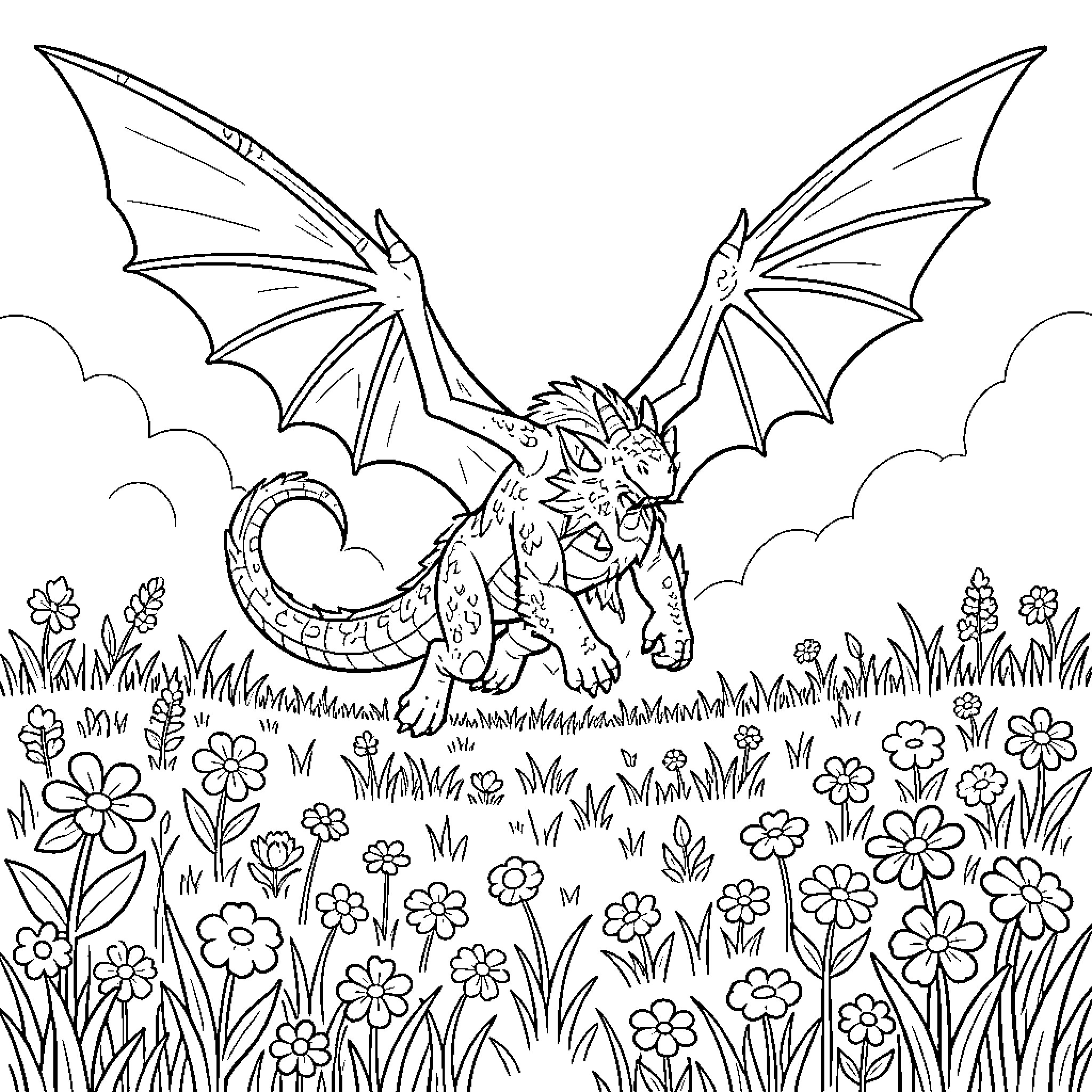 Sandwing dragon soaring in a floral meadow Coloring Page (free black-and-white line drawing printable PDF for all, from beginners to advanced learners, including children, teens, adults, and seniors)