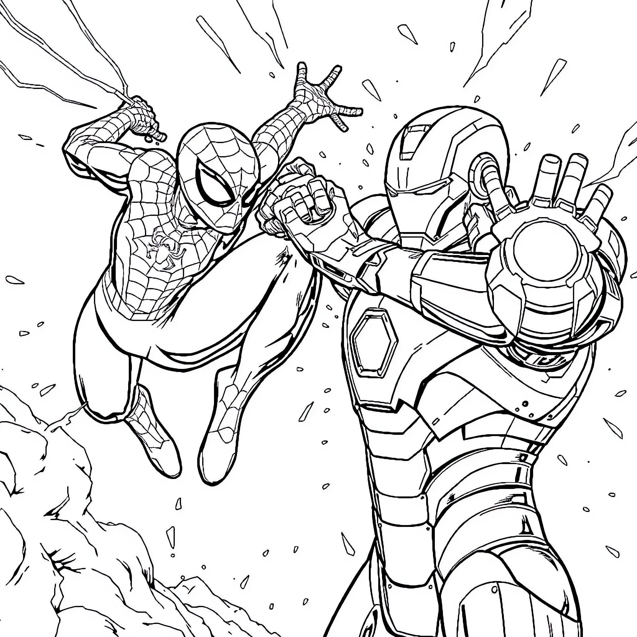 Spider-Man fights Iron Man in action-packed scene Coloring Page (free black-and-white line drawing printable PDF for all, from beginners to advanced learners, including children, teens, adults, and seniors)