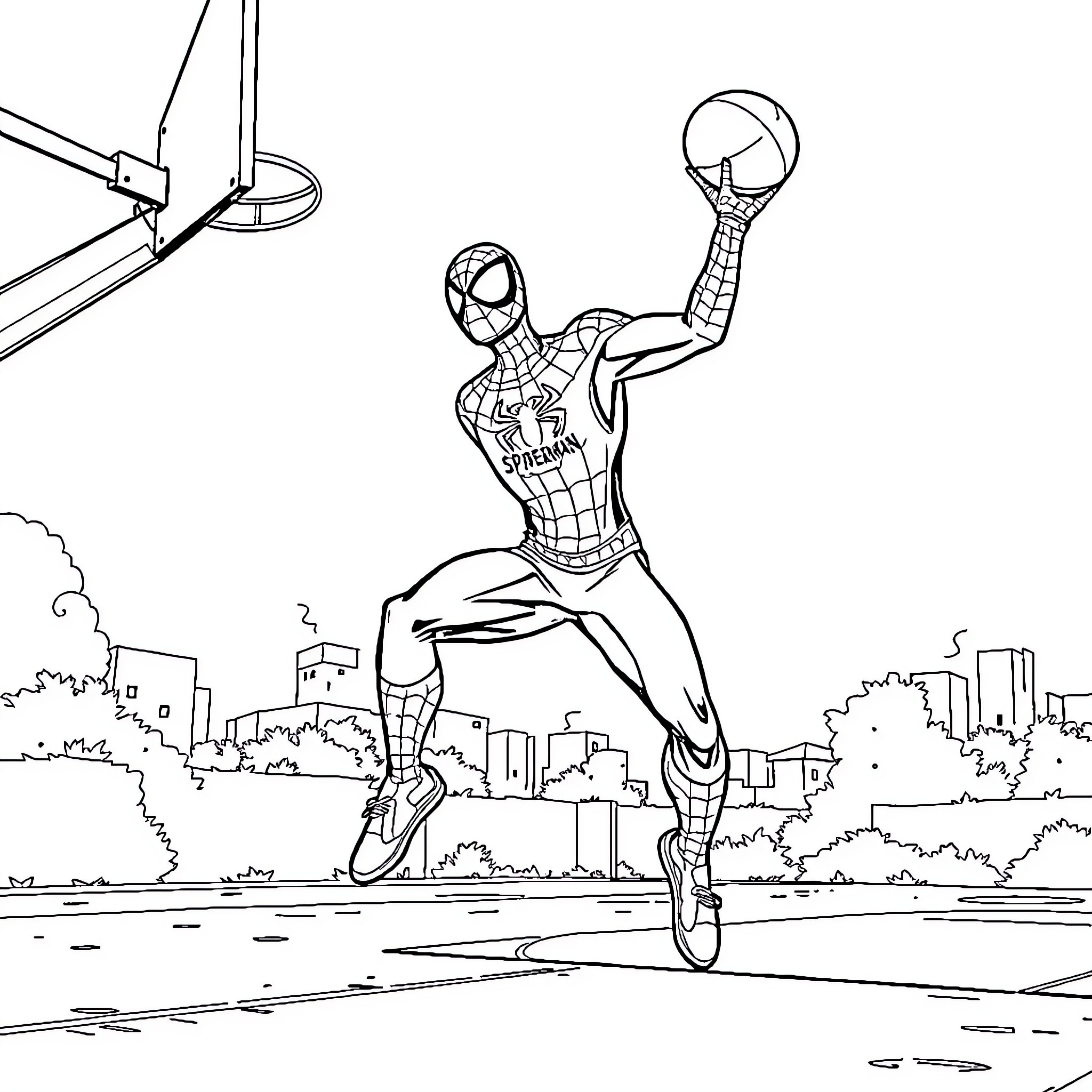 Spiderman dunking a basketball in the city Coloring Page (free black-and-white line drawing printable PDF for all, from beginners to advanced learners, including children, teens, adults, and seniors)