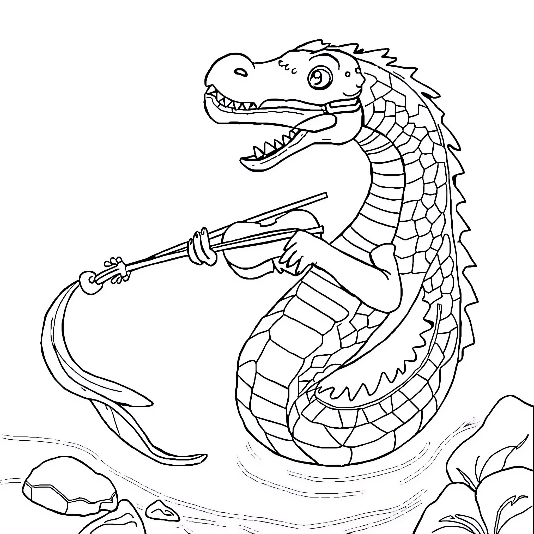 Loch Ness Monster Playing Guitar Happily Coloring Page (free black-and-white line drawing printable PDF for all, from beginners to advanced learners, including children, teens, adults, and seniors)