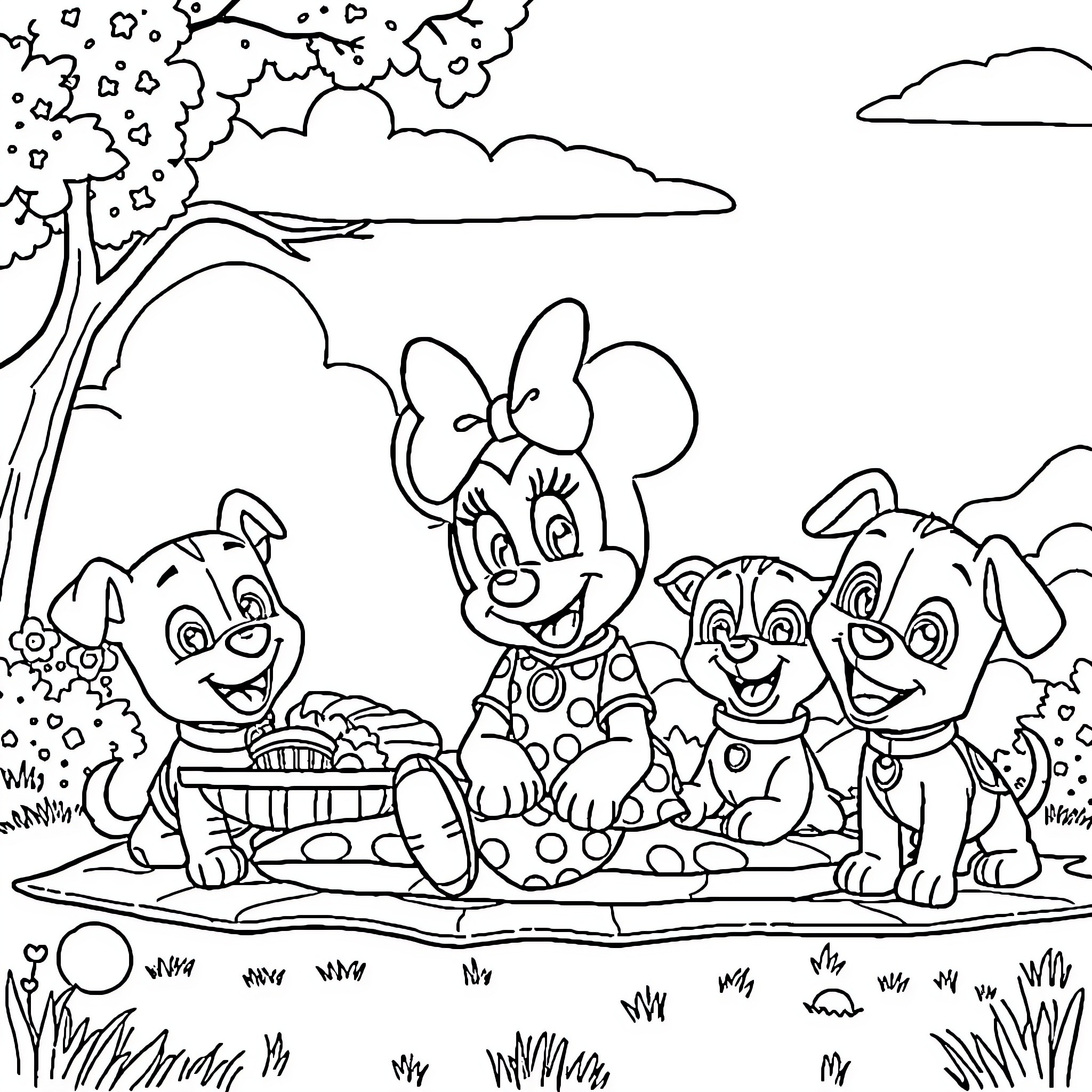 Paw Patrol characters on an outdoor adventure Coloring Page (free black-and-white line drawing printable PDF for all, from beginners to advanced learners, including children, teens, adults, and seniors)
