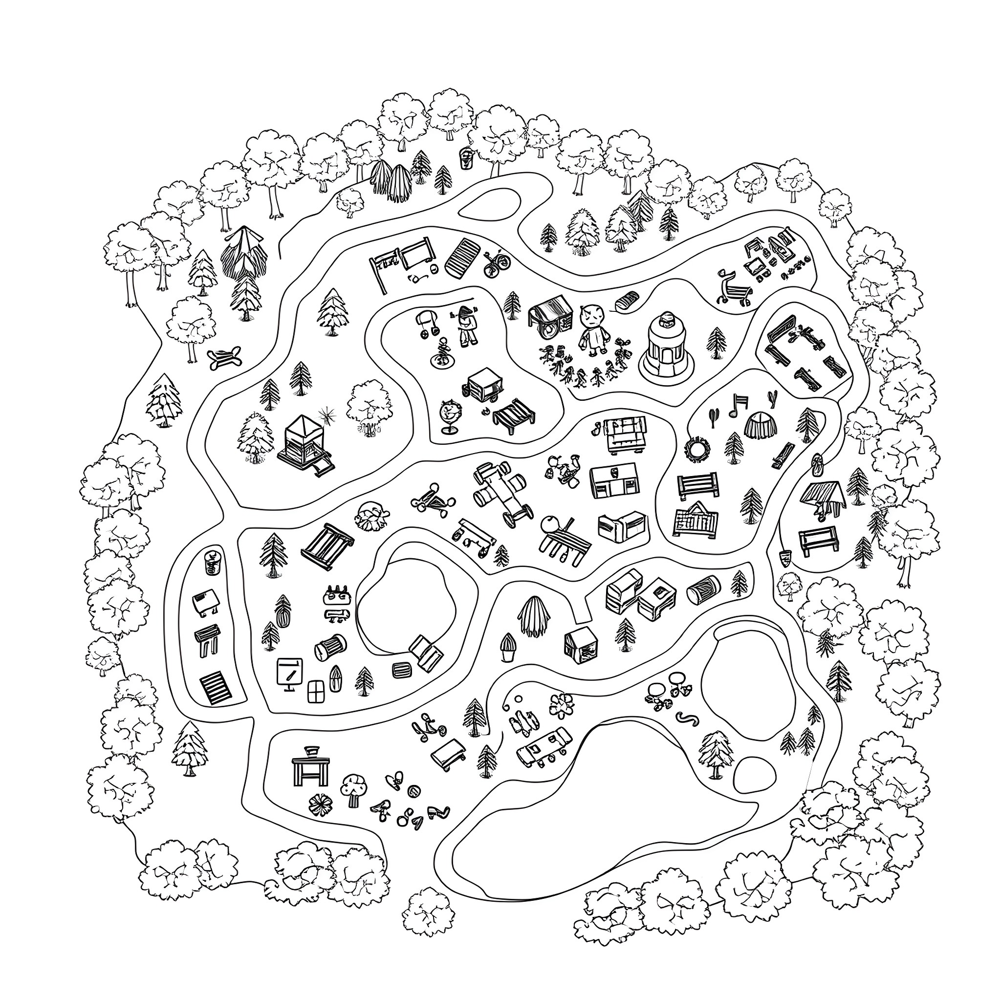 Park with playful illustrations throughout Coloring Page (free black-and-white line drawing printable PDF for all, from beginners to advanced learners, including children, teens, adults, and seniors)