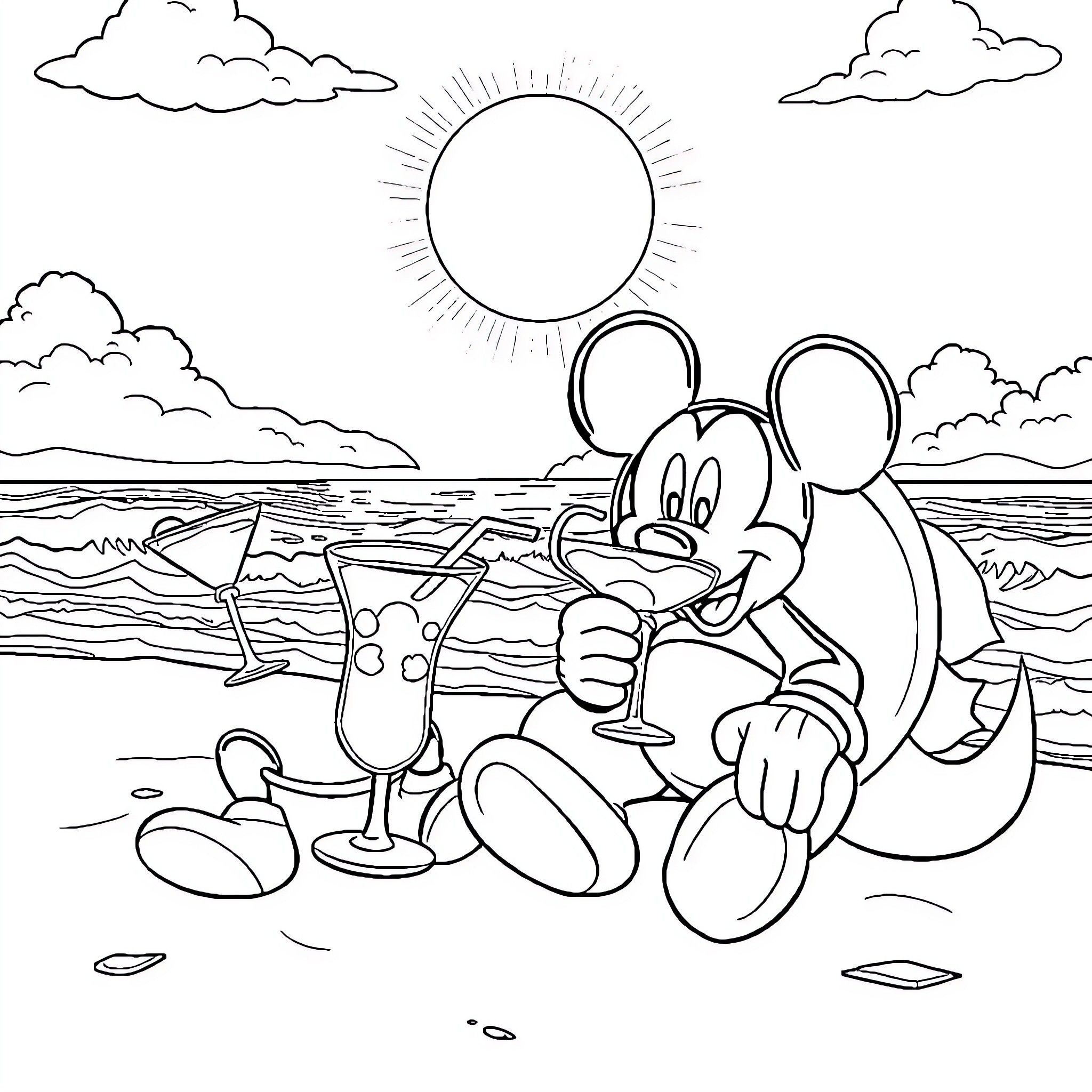 Mickey Mouse enjoying a beach day with cocktails Coloring Page (free black-and-white line drawing printable PDF for all, from beginners to advanced learners, including children, teens, adults, and seniors)
