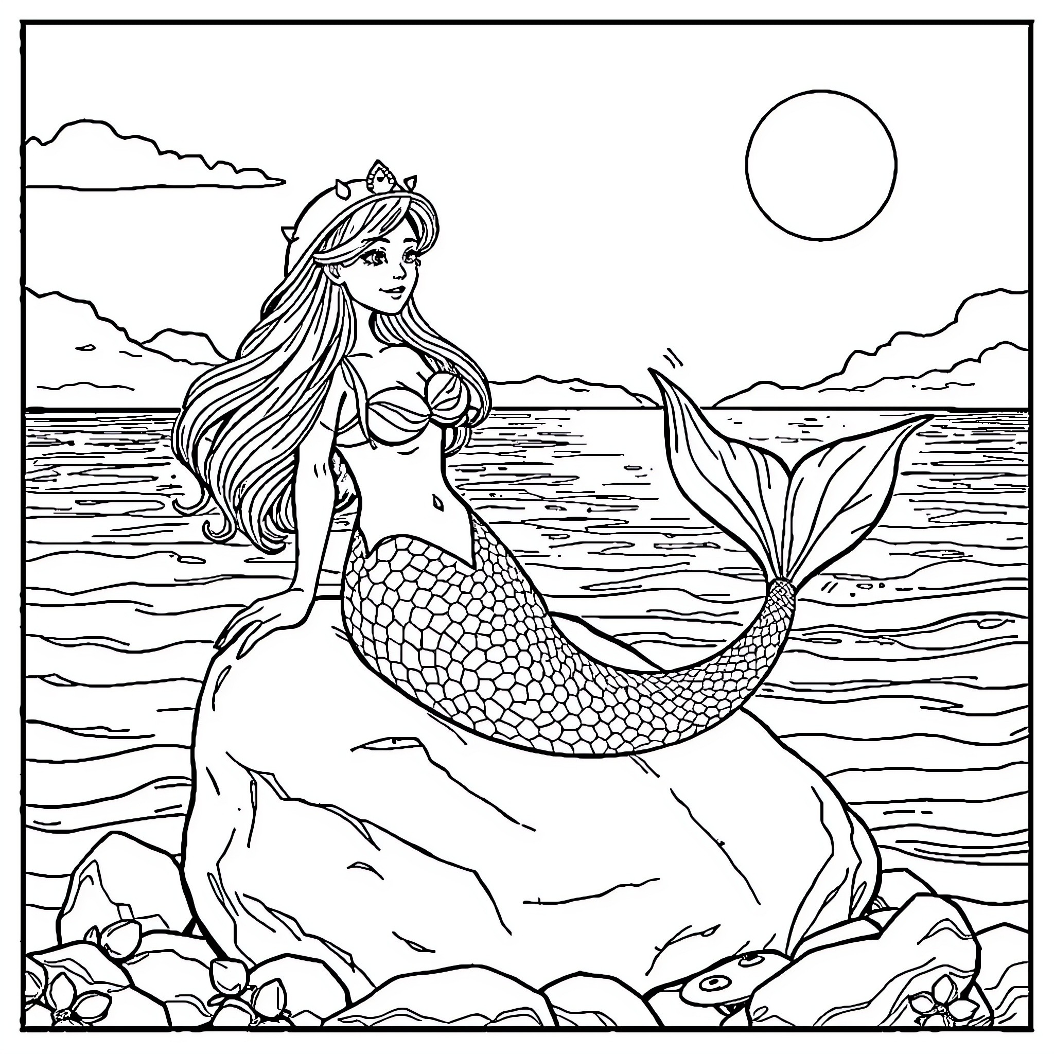 Siren's Alluring Seascape Encounter Coloring Page (free black-and-white line drawing printable PDF for all, from beginners to advanced learners, including children, teens, adults, and seniors)