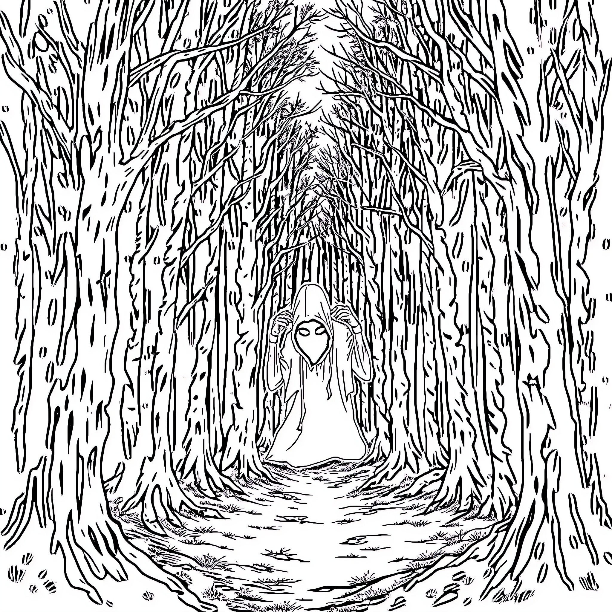 Creepy Thing Lurking in the Eerie Forest Coloring Page (free black-and-white line drawing printable PDF for all, from beginners to advanced learners, including children, teens, adults, and seniors)
