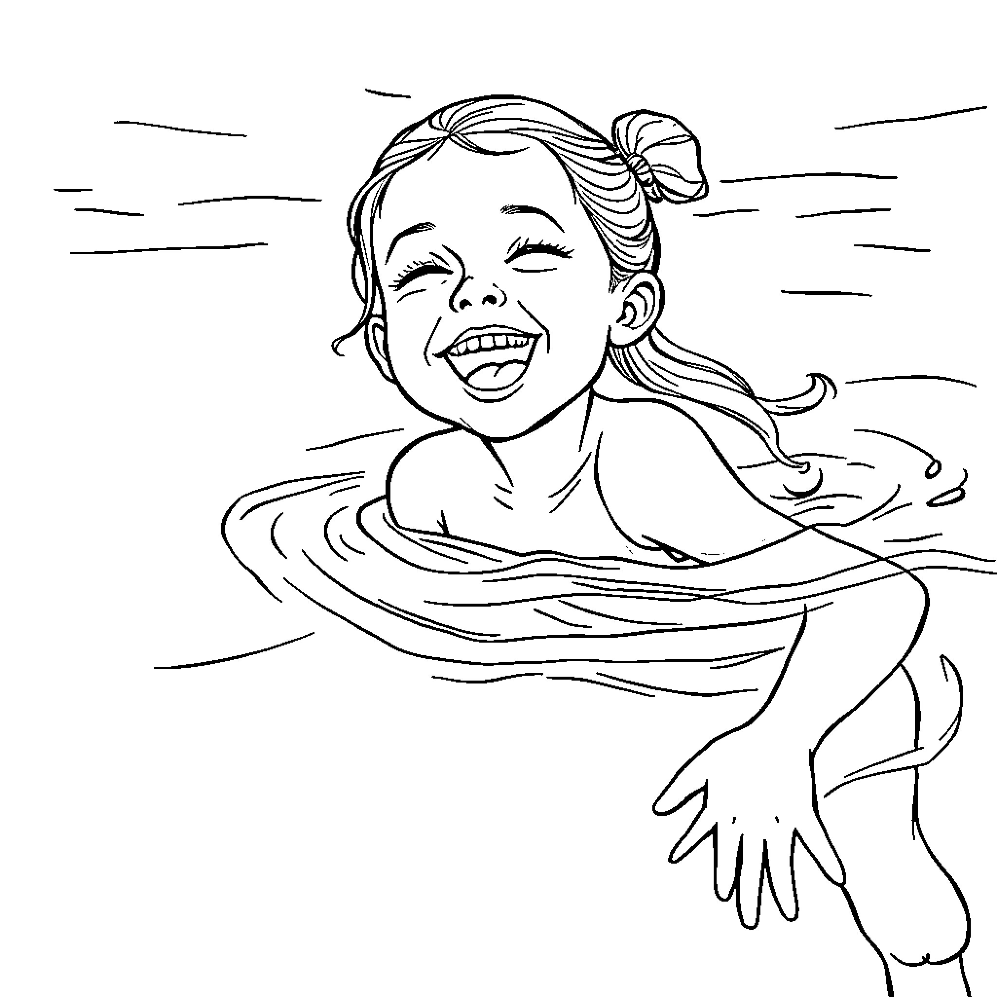 Girl joyfully playing in the water Coloring Page (free black-and-white line drawing printable PDF for all, from beginners to advanced learners, including children, teens, adults, and seniors)