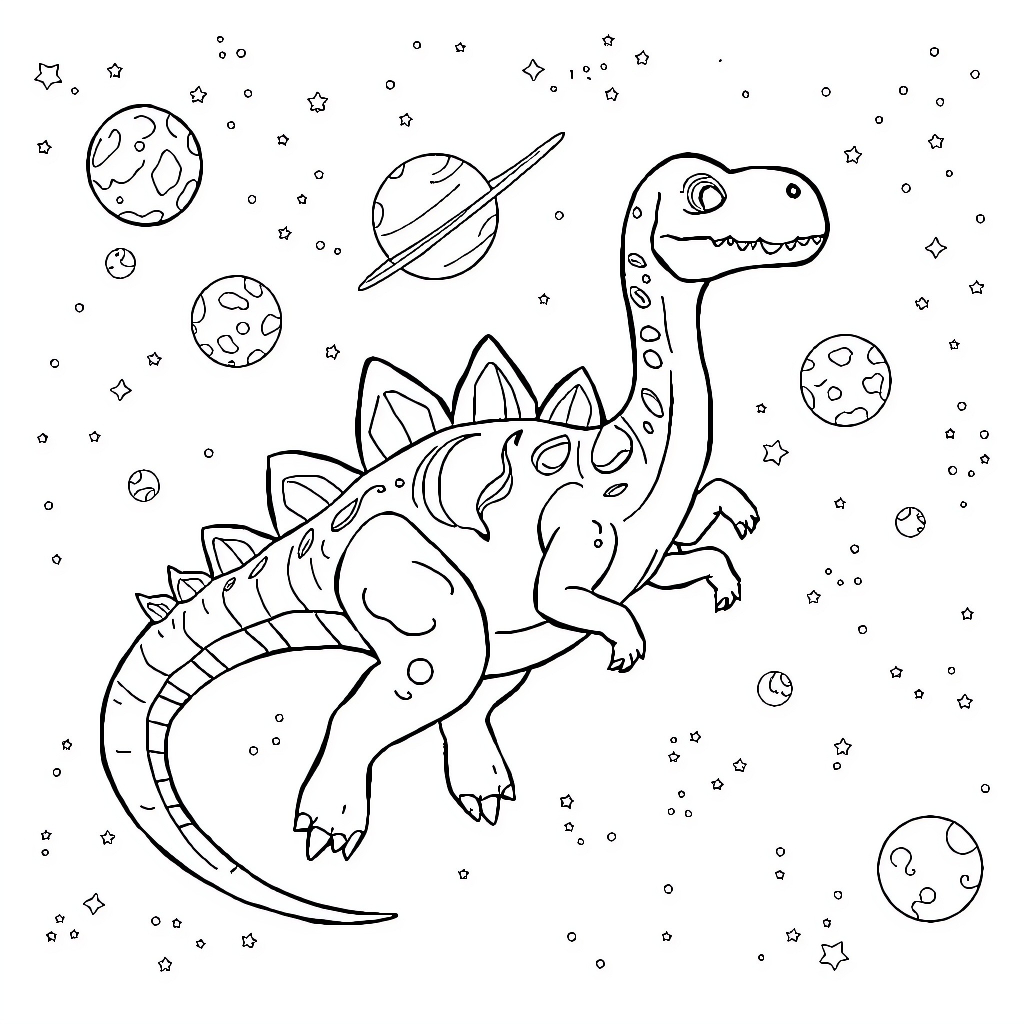 Spinosaurus exploring the cosmic landscape Coloring Page (free black-and-white line drawing printable PDF for all, from beginners to advanced learners, including children, teens, adults, and seniors)