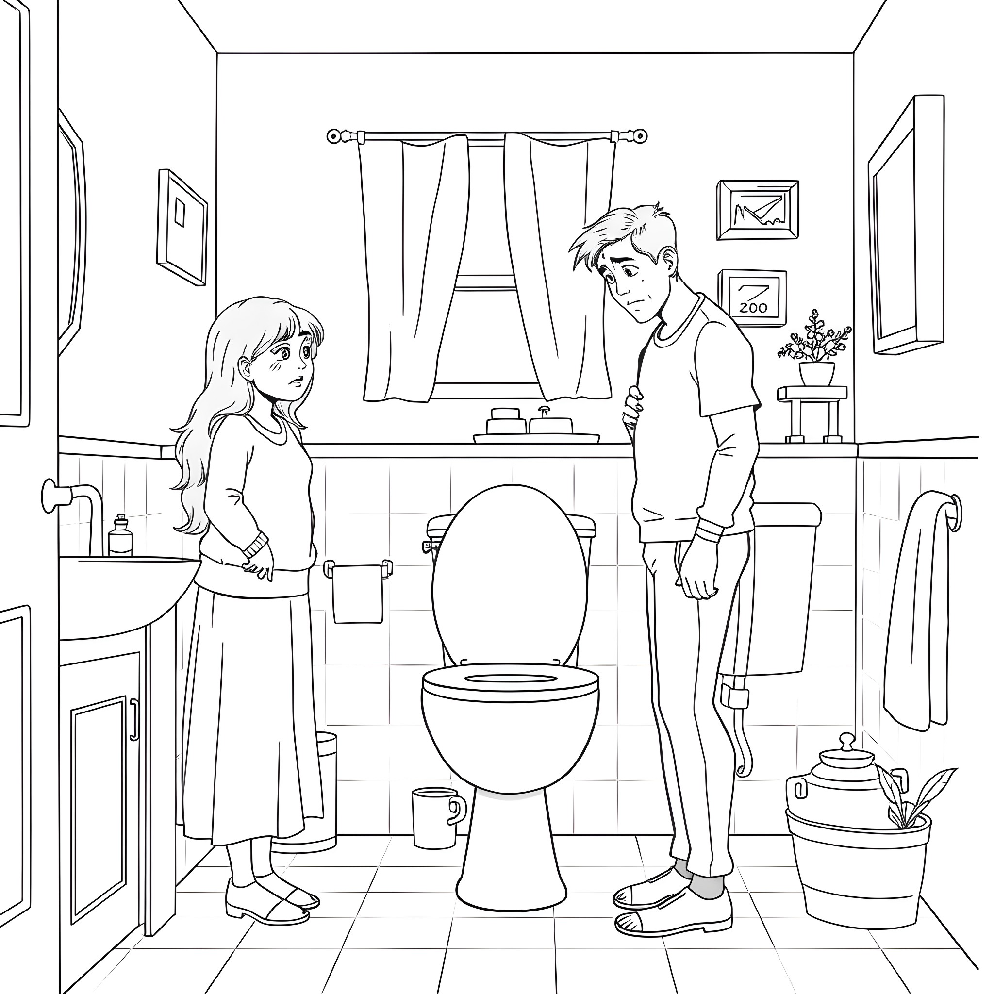 Woman and man in a bathroom setting Coloring Page (free black-and-white line drawing printable PDF for all, from beginners to advanced learners, including children, teens, adults, and seniors)