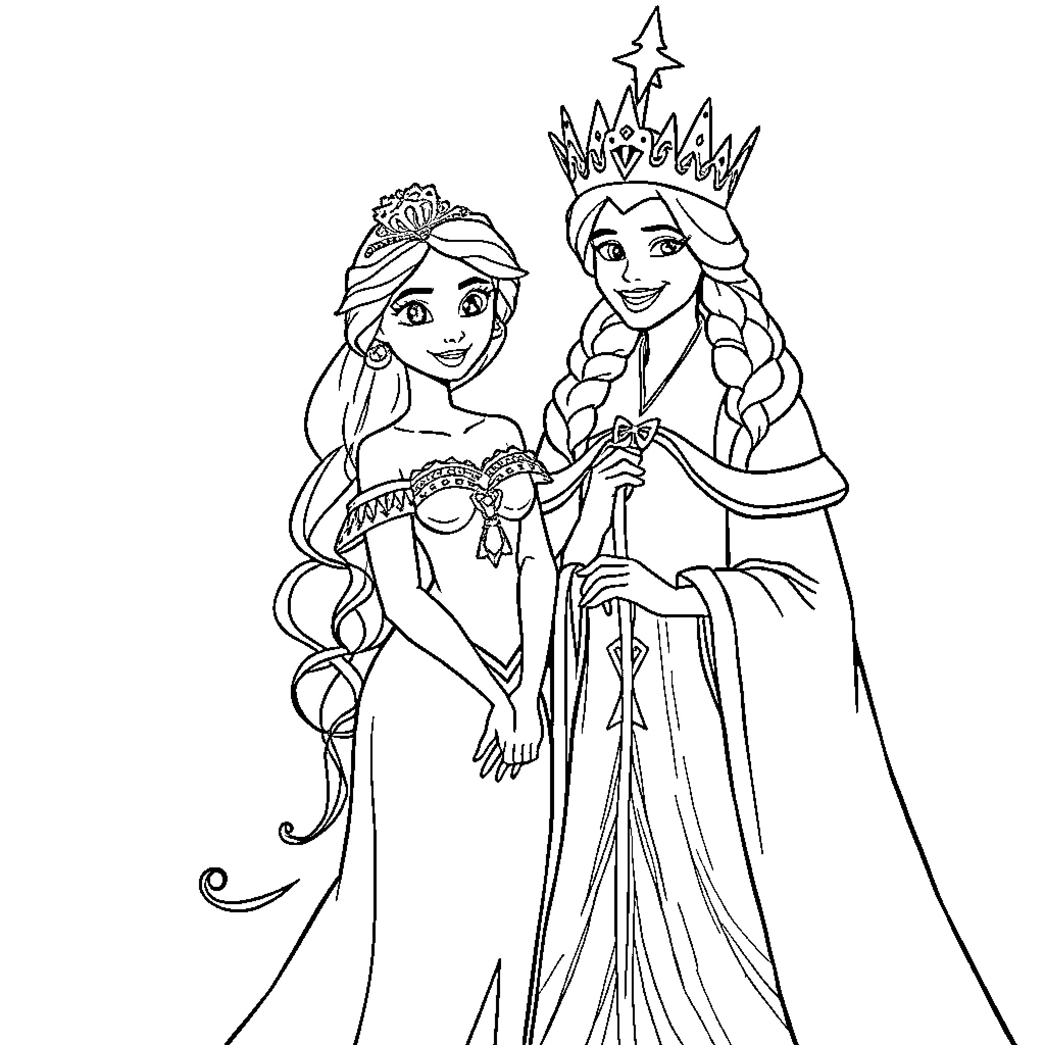Vaiana and princess in regal attire Coloring Page (free black-and-white line drawing printable PDF for all, from beginners to advanced learners, including children, teens, adults, and seniors)