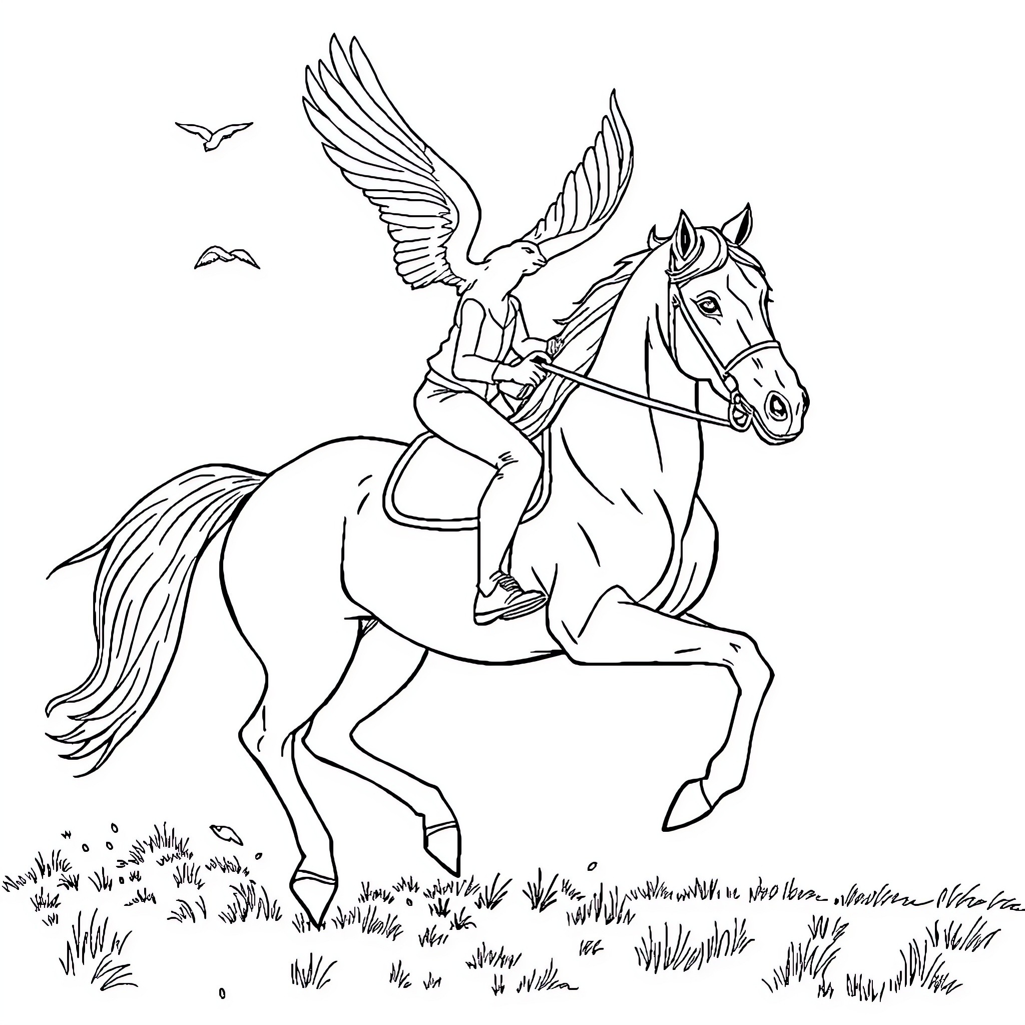 Labubu riding a winged horse through the meadow Coloring Page (free black-and-white line drawing printable PDF for all, from beginners to advanced learners, including children, teens, adults, and seniors)