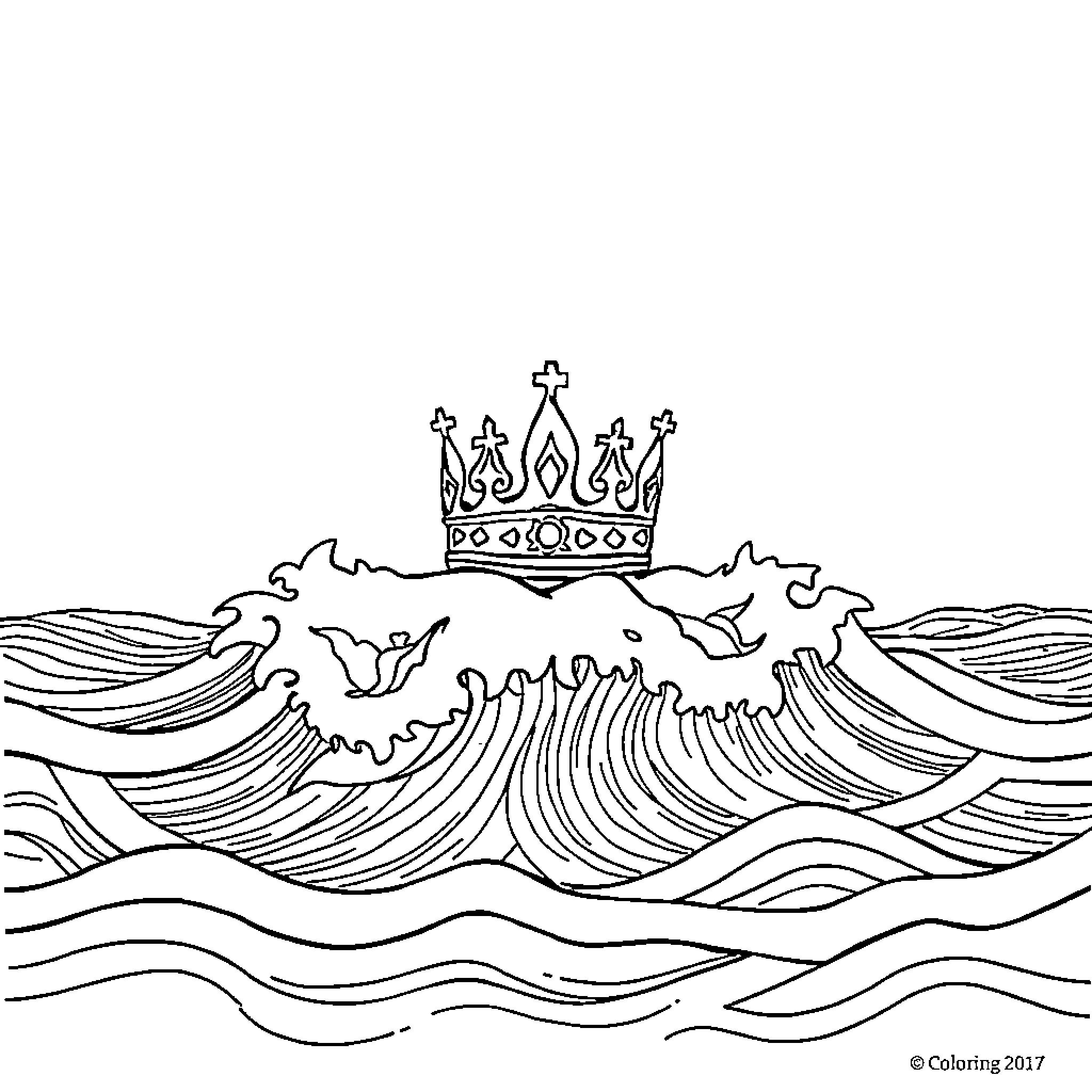 Shark swimming under the waves with a crown Coloring Page (free black-and-white line drawing printable PDF for all, from beginners to advanced learners, including children, teens, adults, and seniors)