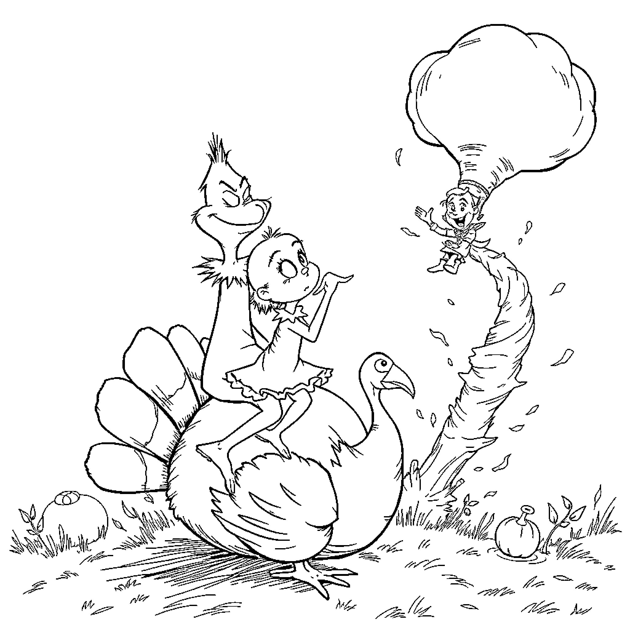 Grinch and friends having a fun adventure Coloring Page (free black-and-white line drawing printable PDF for all, from beginners to advanced learners, including children, teens, adults, and seniors)