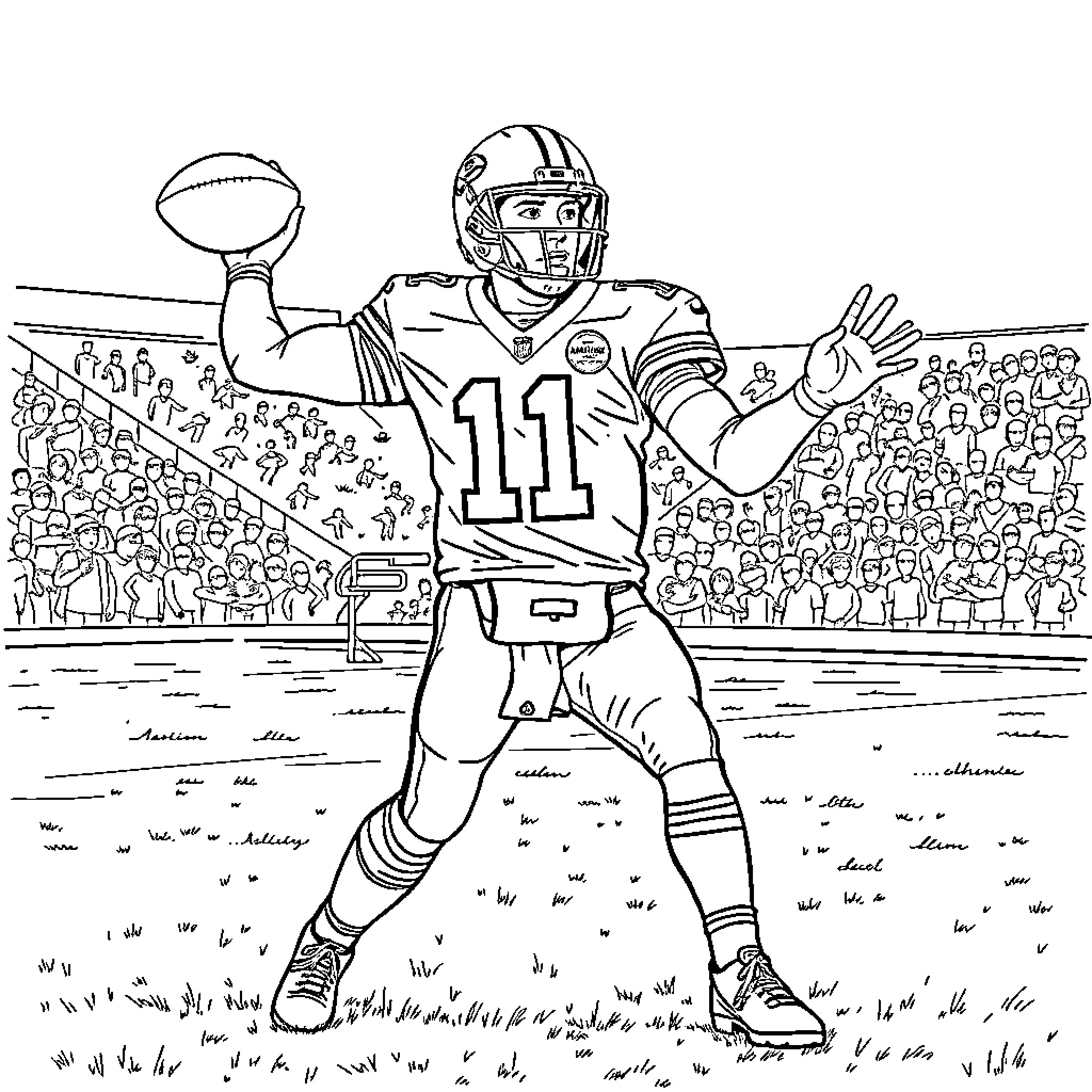 Patrick Mahomes playing football in stadium Coloring Page (free black-and-white line drawing printable PDF for all, from beginners to advanced learners, including children, teens, adults, and seniors)