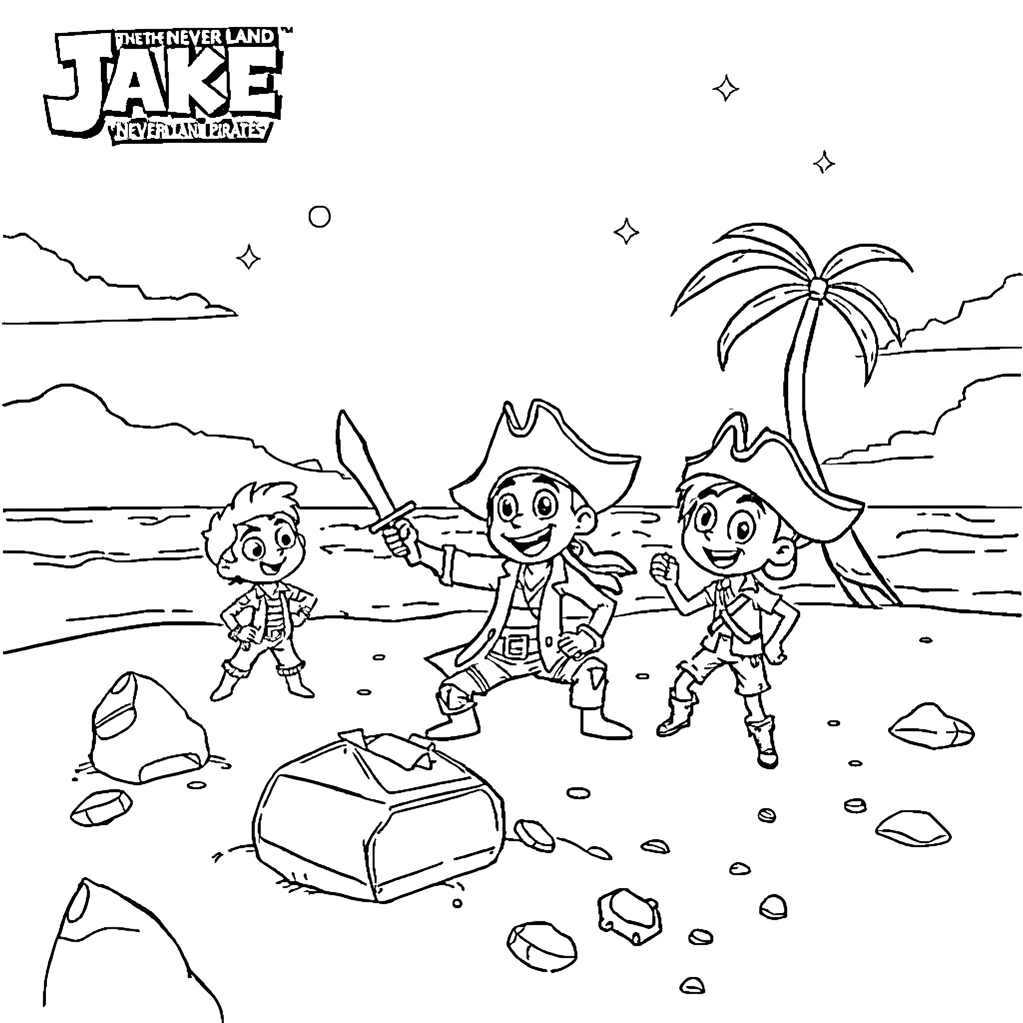 Jake and friends on a pirate adventure Coloring Page (free black-and-white line drawing printable PDF for all, from beginners to advanced learners, including children, teens, adults, and seniors)