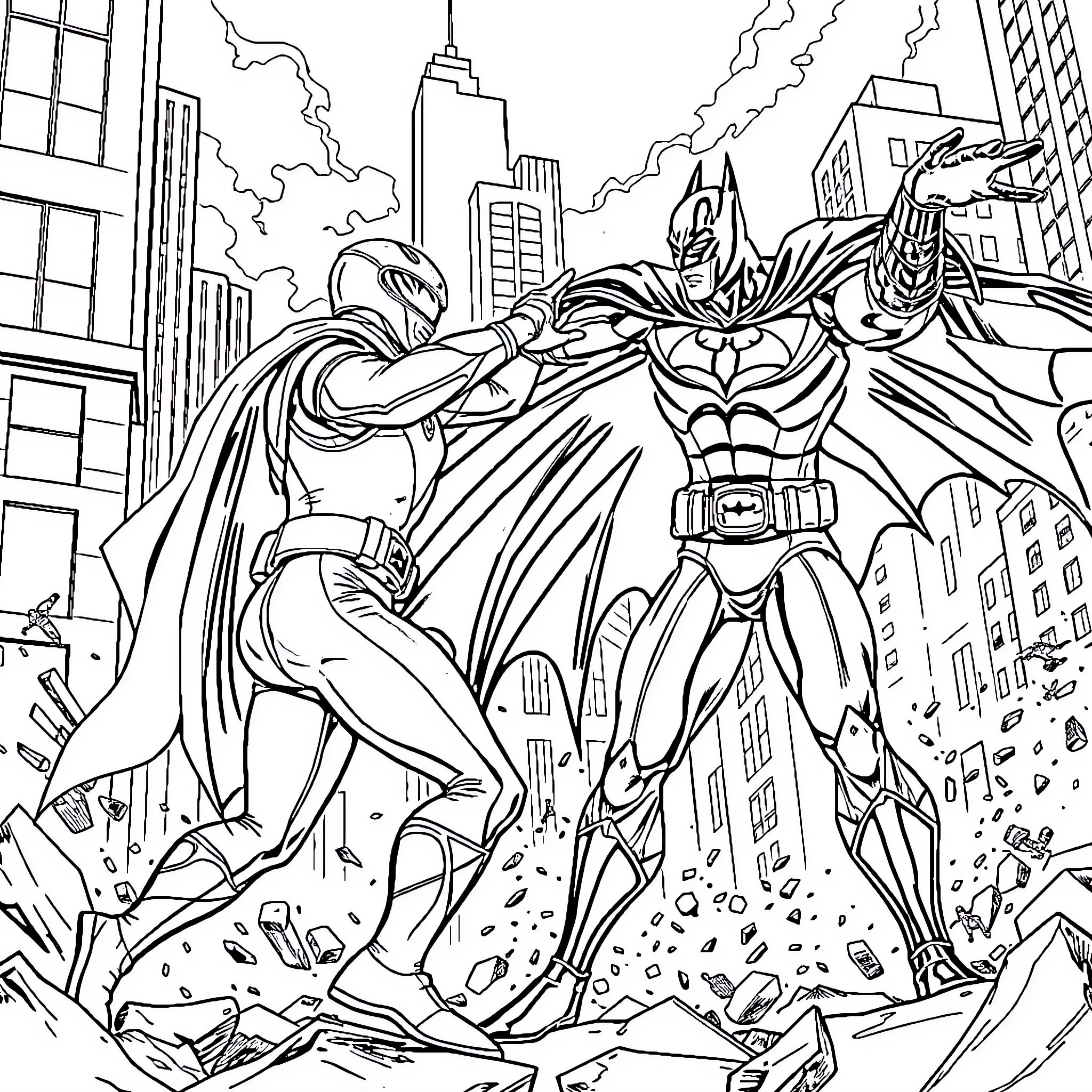 Gold Ranger and Batman Fighting Villains in the City Coloring Page (free black-and-white line drawing printable PDF for all, from beginners to advanced learners, including children, teens, adults, and seniors)