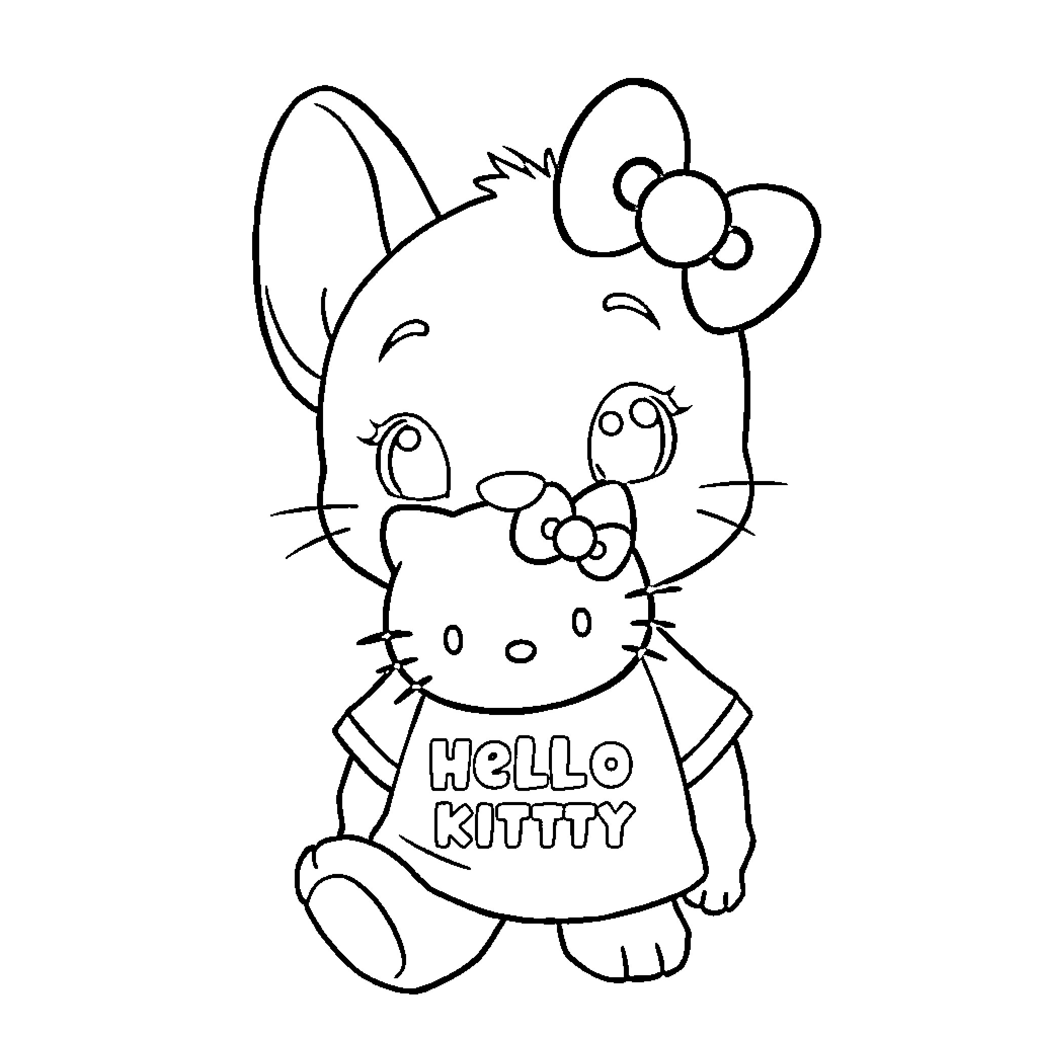Bluey in Hello Kitty Outfit Playing Happily Coloring Page (free black-and-white line drawing printable PDF for all, from beginners to advanced learners, including children, teens, adults, and seniors)