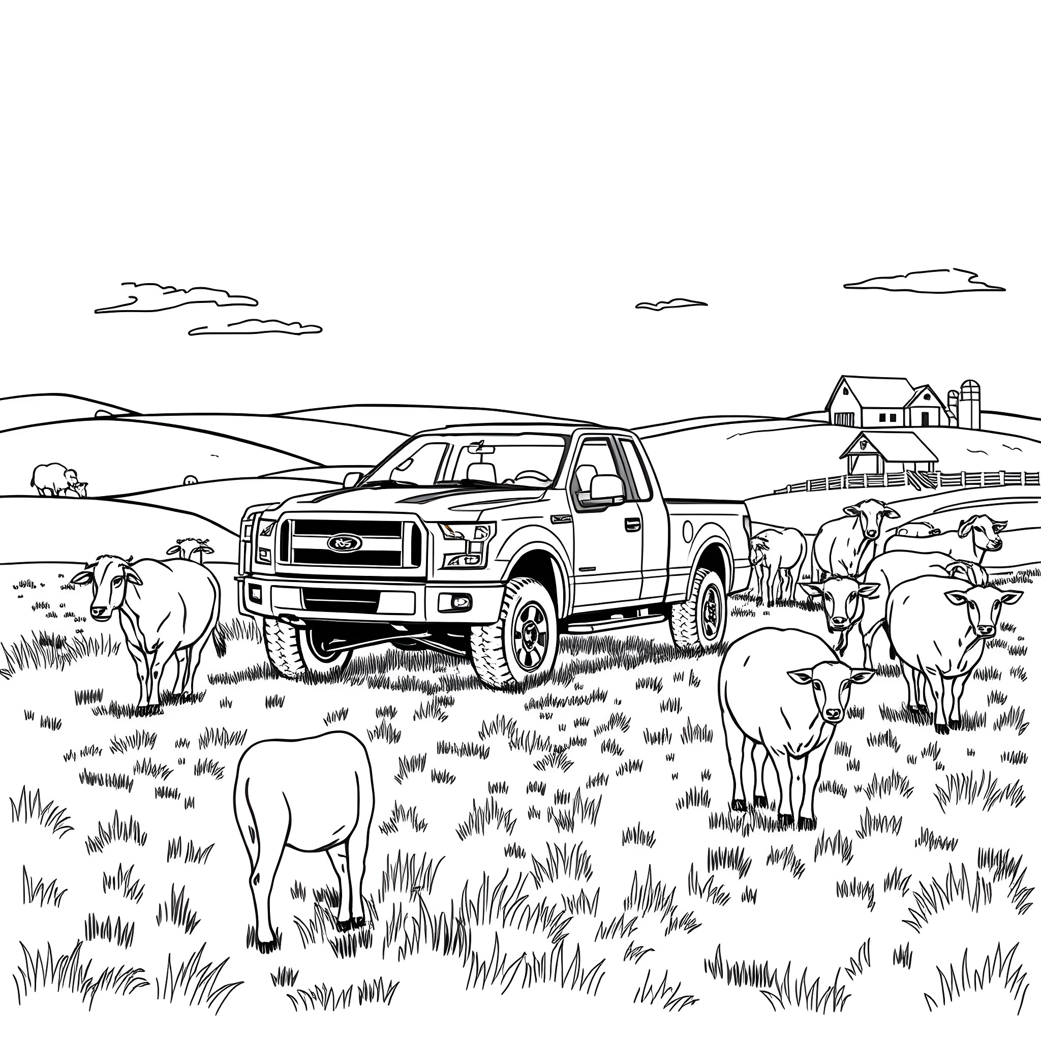 Pickup truck in rural countryside with grazing animals Coloring Page (free black-and-white line drawing printable PDF for all, from beginners to advanced learners, including children, teens, adults, and seniors)