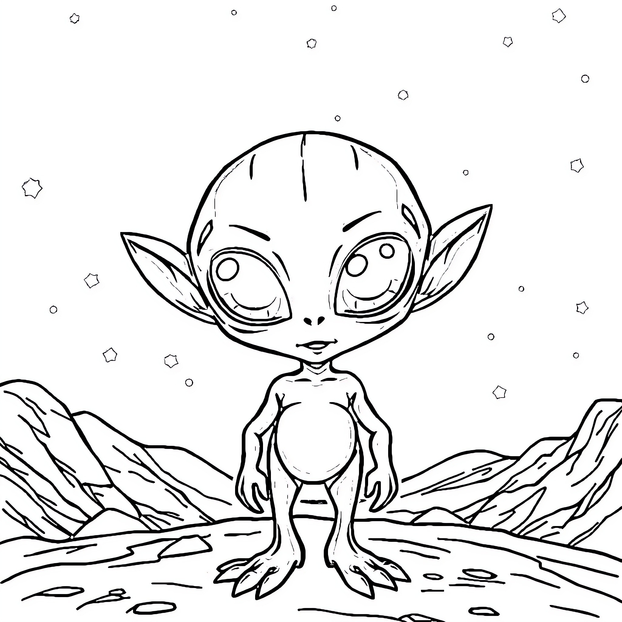 Alien creature exploring mysterious landscape Coloring Page (free black-and-white line drawing printable PDF for all, from beginners to advanced learners, including children, teens, adults, and seniors)