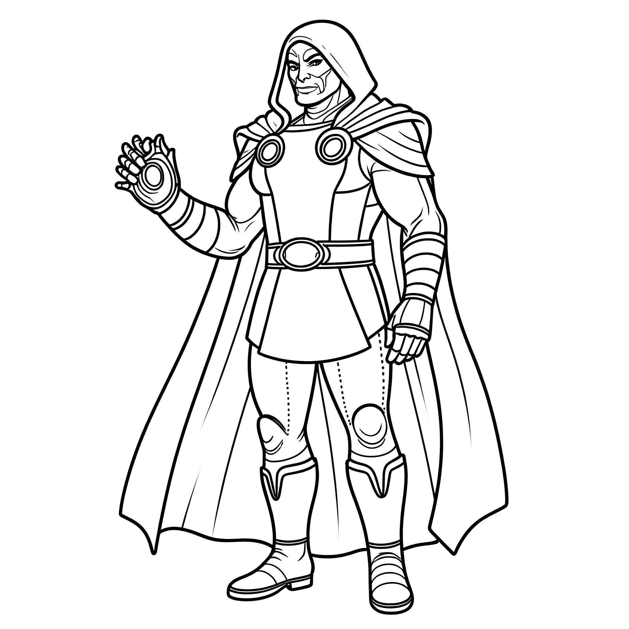 Dr. Doom in Commanding Pose with Futuristic Attire Coloring Page (free black-and-white line drawing printable PDF for all, from beginners to advanced learners, including children, teens, adults, and seniors)