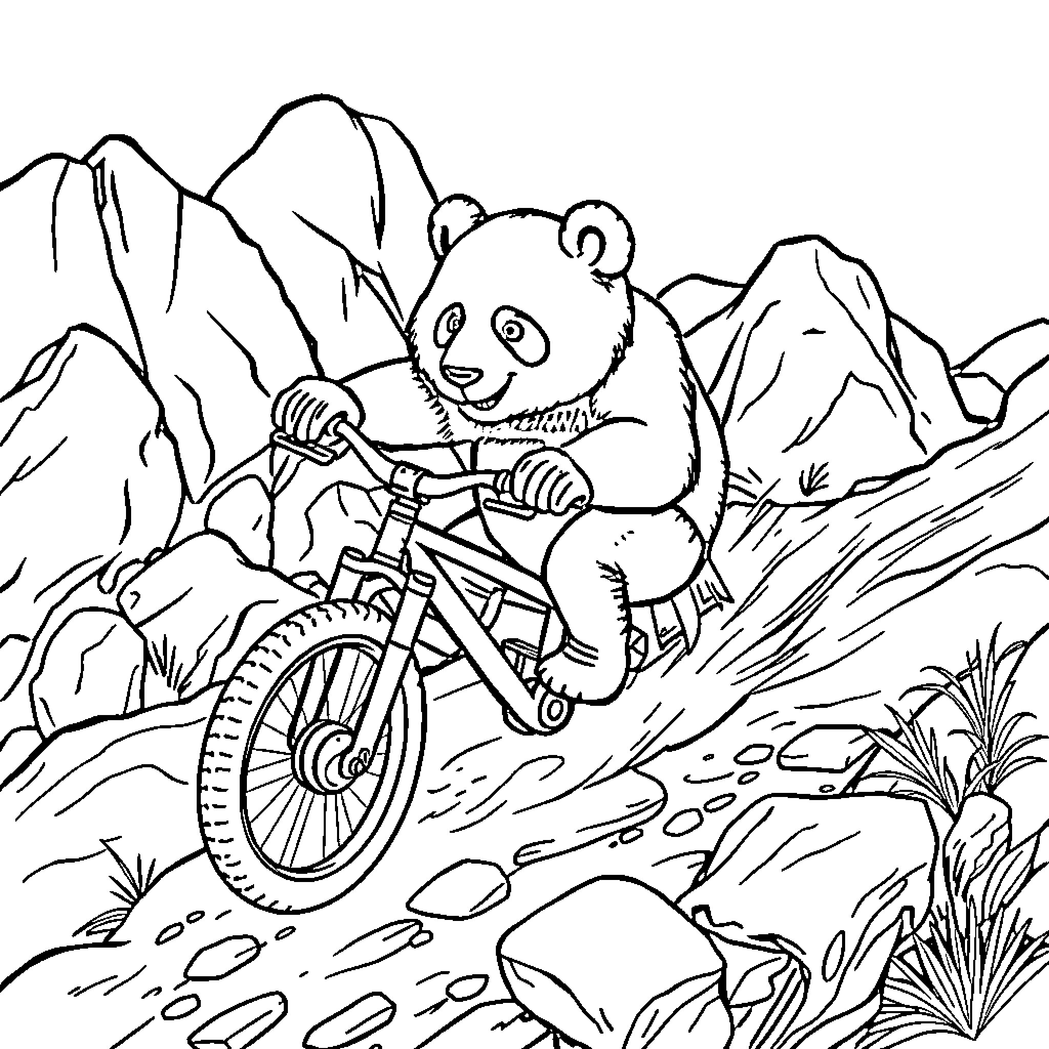 Panda riding a bicycle in the mountains Coloring Page (free black-and-white line drawing printable PDF for all, from beginners to advanced learners, including children, teens, adults, and seniors)