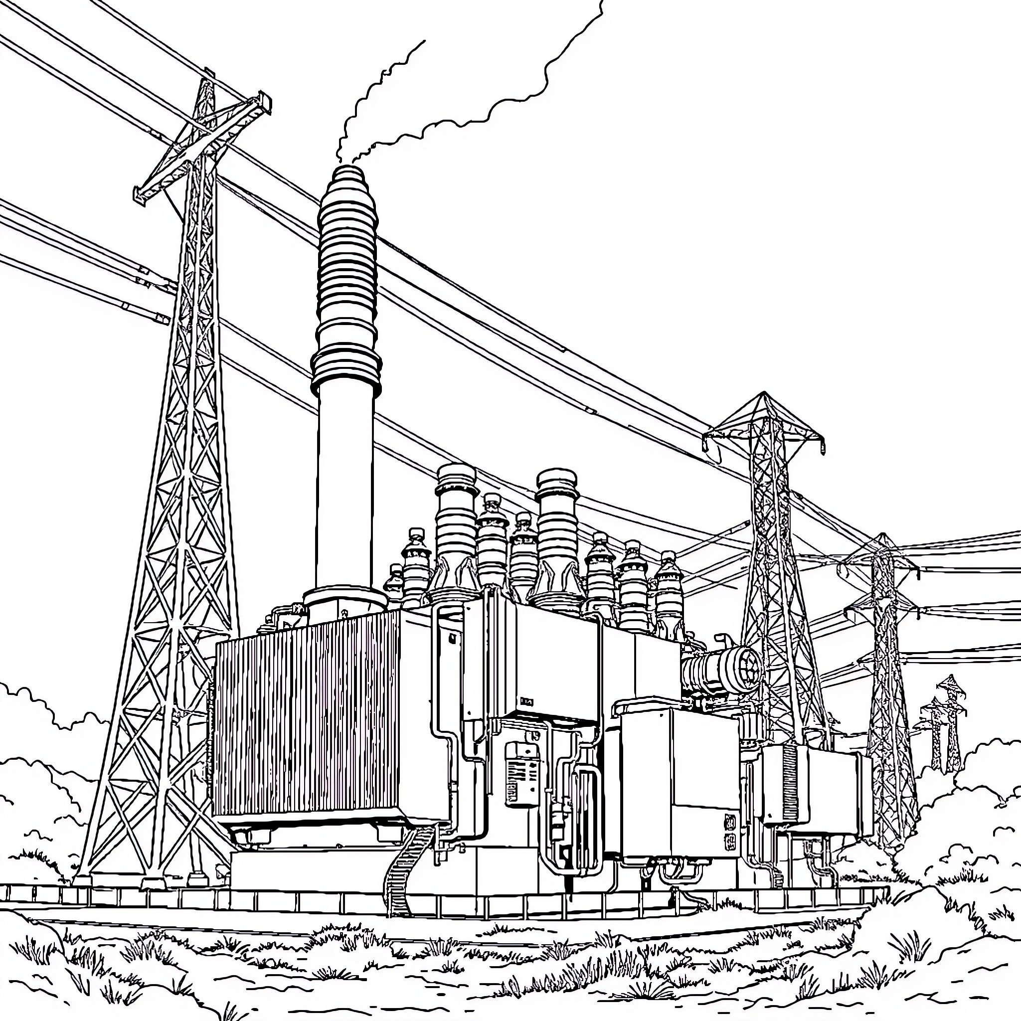 Power Transformer in an Industrial Landscape Coloring Page (free black-and-white line drawing printable PDF for all, from beginners to advanced learners, including children, teens, adults, and seniors)