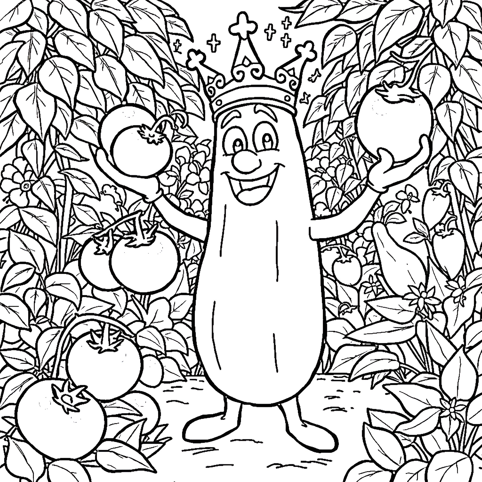 Cucumber in a whimsical garden setting Coloring Page (free black-and-white line drawing printable PDF for all, from beginners to advanced learners, including children, teens, adults, and seniors)