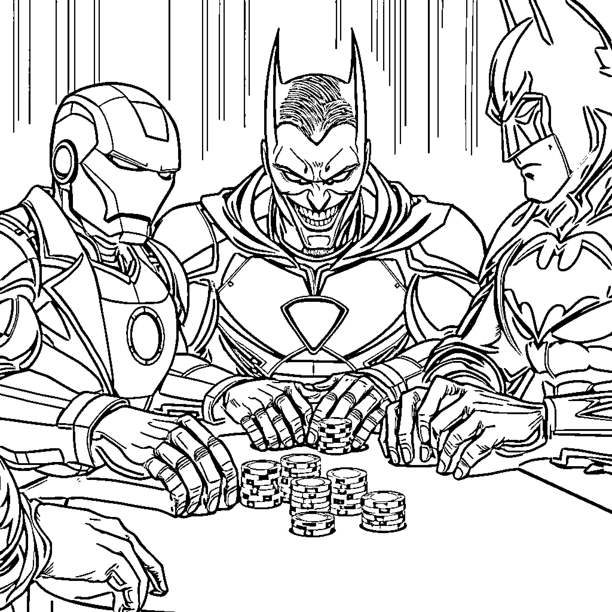 Iron Man's Heroic Showdown with Villains Coloring Page (free black-and-white line drawing printable PDF for all, from beginners to advanced learners, including children, teens, adults, and seniors)