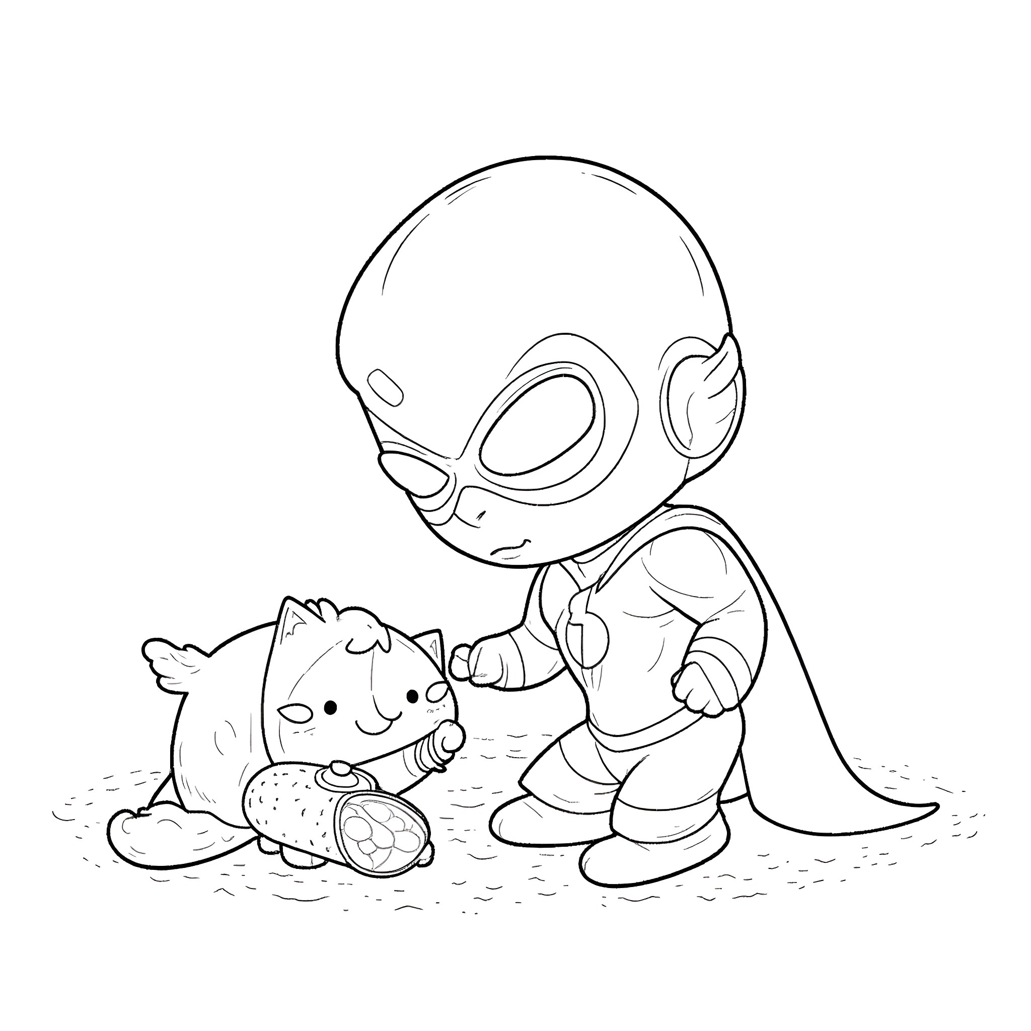 Flash - Alien Curious to Explore Coloring Page (free black-and-white line drawing printable PDF for all, from beginners to advanced learners, including children, teens, adults, and seniors)