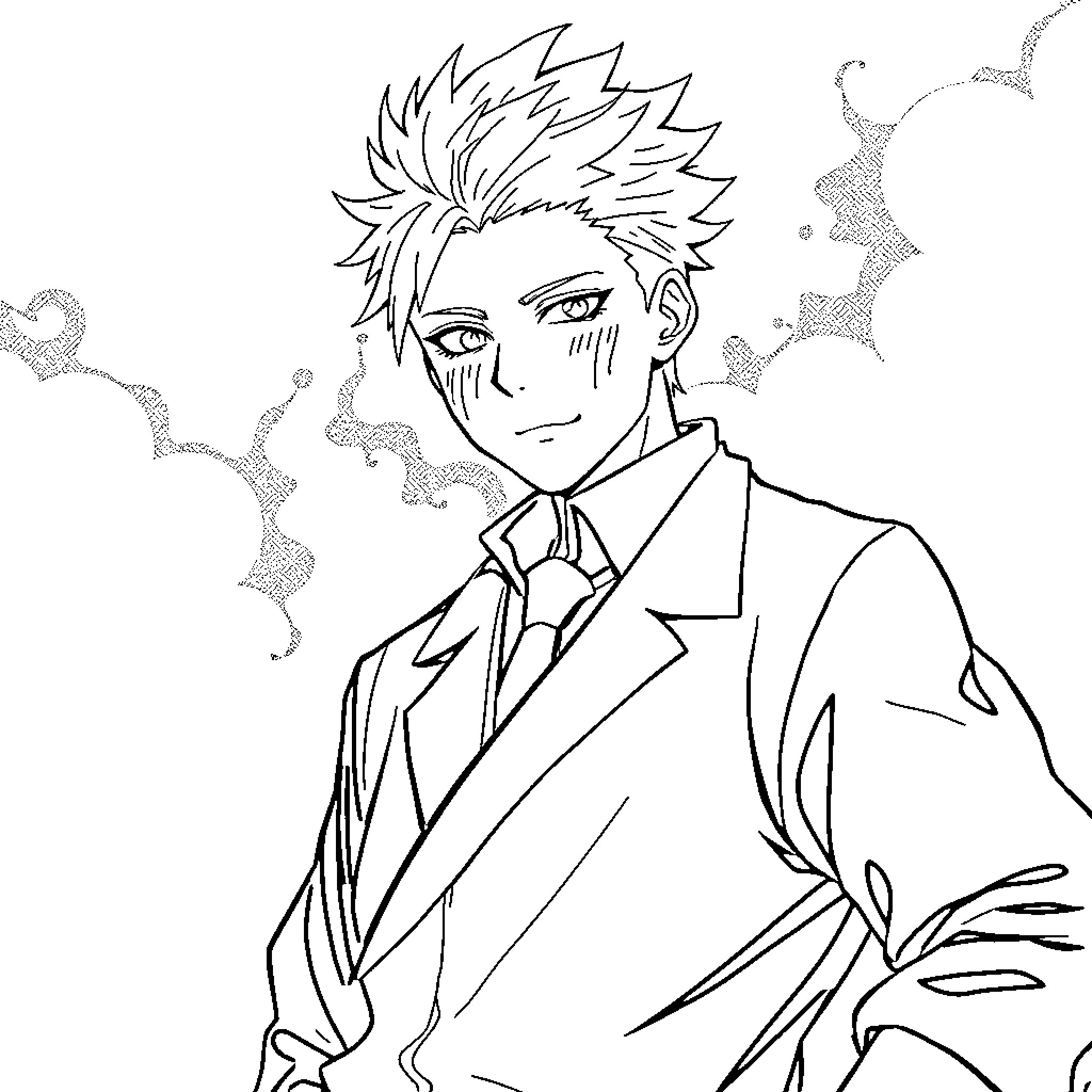 Toge Inumaki in formal suit with confident expression Coloring Page (free black-and-white line drawing printable PDF for all, from beginners to advanced learners, including children, teens, adults, and seniors)