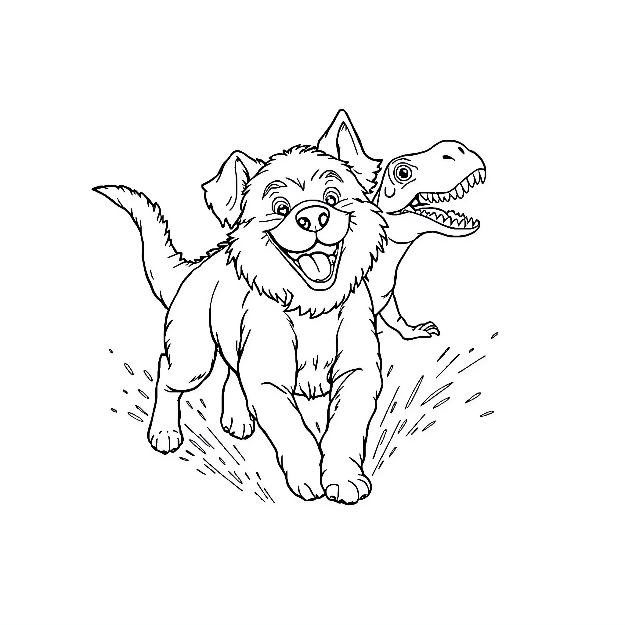 Dog playing with dinosaur toy happily Coloring Page (free black-and-white line drawing printable PDF for all, from beginners to advanced learners, including children, teens, adults, and seniors)
