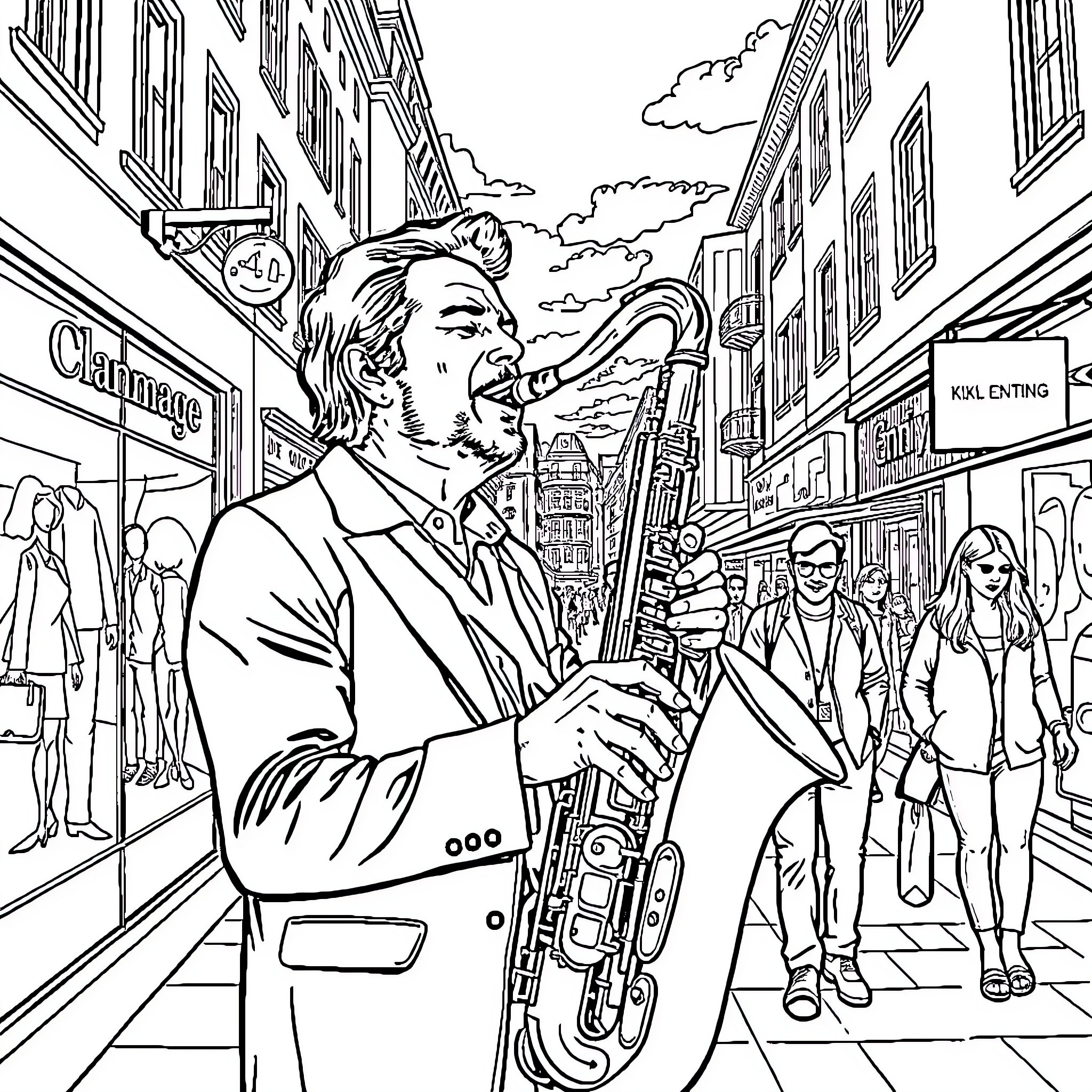 Saxophone player performing on crowded city street Coloring Page (free black-and-white line drawing printable PDF for all, from beginners to advanced learners, including children, teens, adults, and seniors)