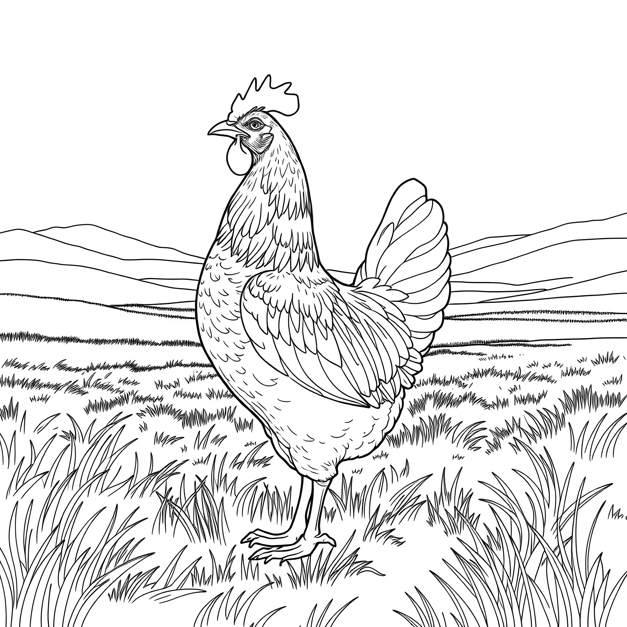Hen strutting proudly in the countryside Coloring Page (free black-and-white line drawing printable PDF for all, from beginners to advanced learners, including children, teens, adults, and seniors)