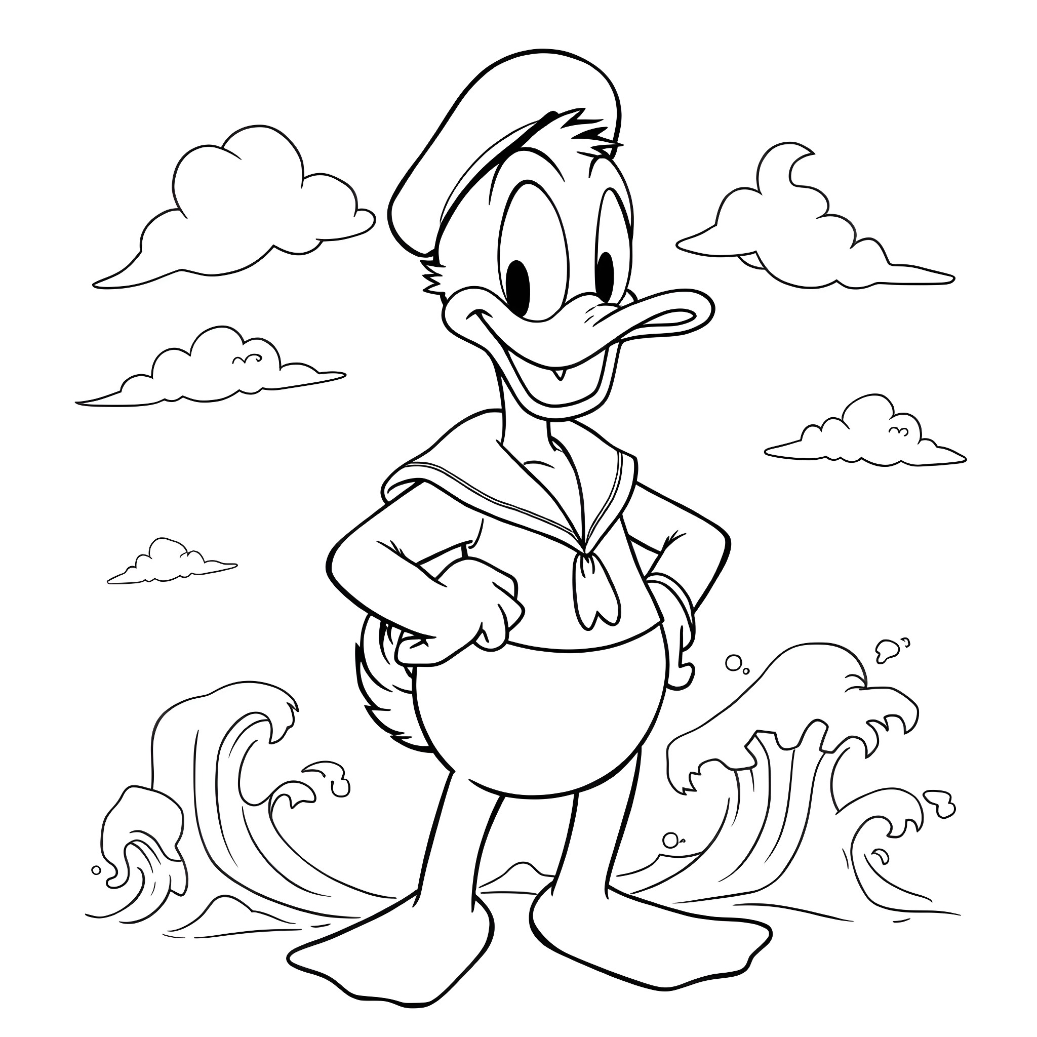 Donald Duck enjoying a sunny day at the beach Coloring Page (free black-and-white line drawing printable PDF for all, from beginners to advanced learners, including children, teens, adults, and seniors)
