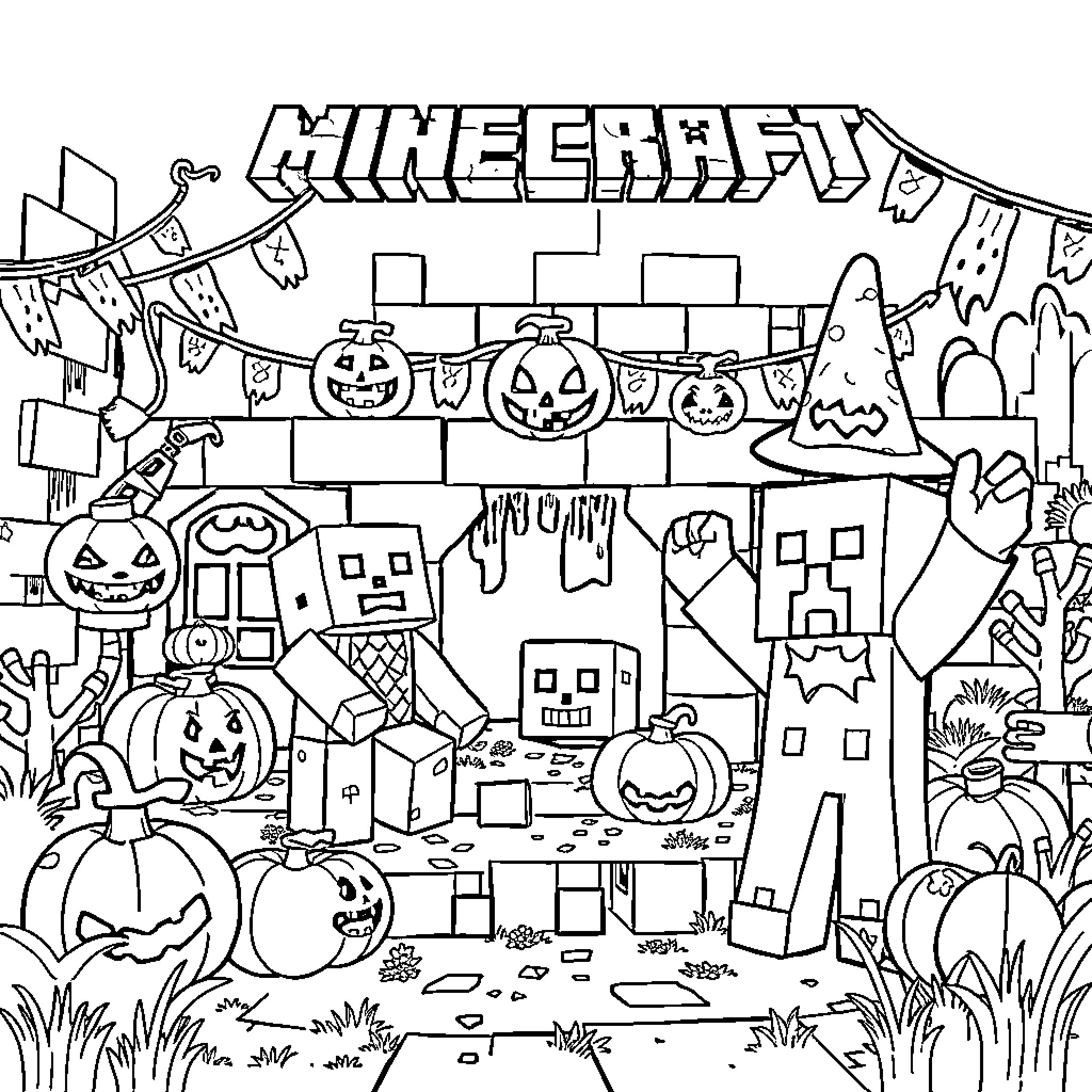 Minecraft Halloween-themed Illustration Coloring Page (free black-and-white line drawing printable PDF for all, from beginners to advanced learners, including children, teens, adults, and seniors)