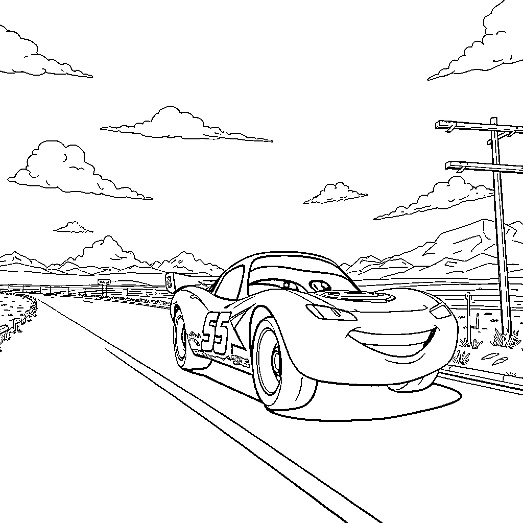 Flash McQueen speeding down the road in the countryside Coloring Page (free black-and-white line drawing printable PDF for all, from beginners to advanced learners, including children, teens, adults, and seniors)