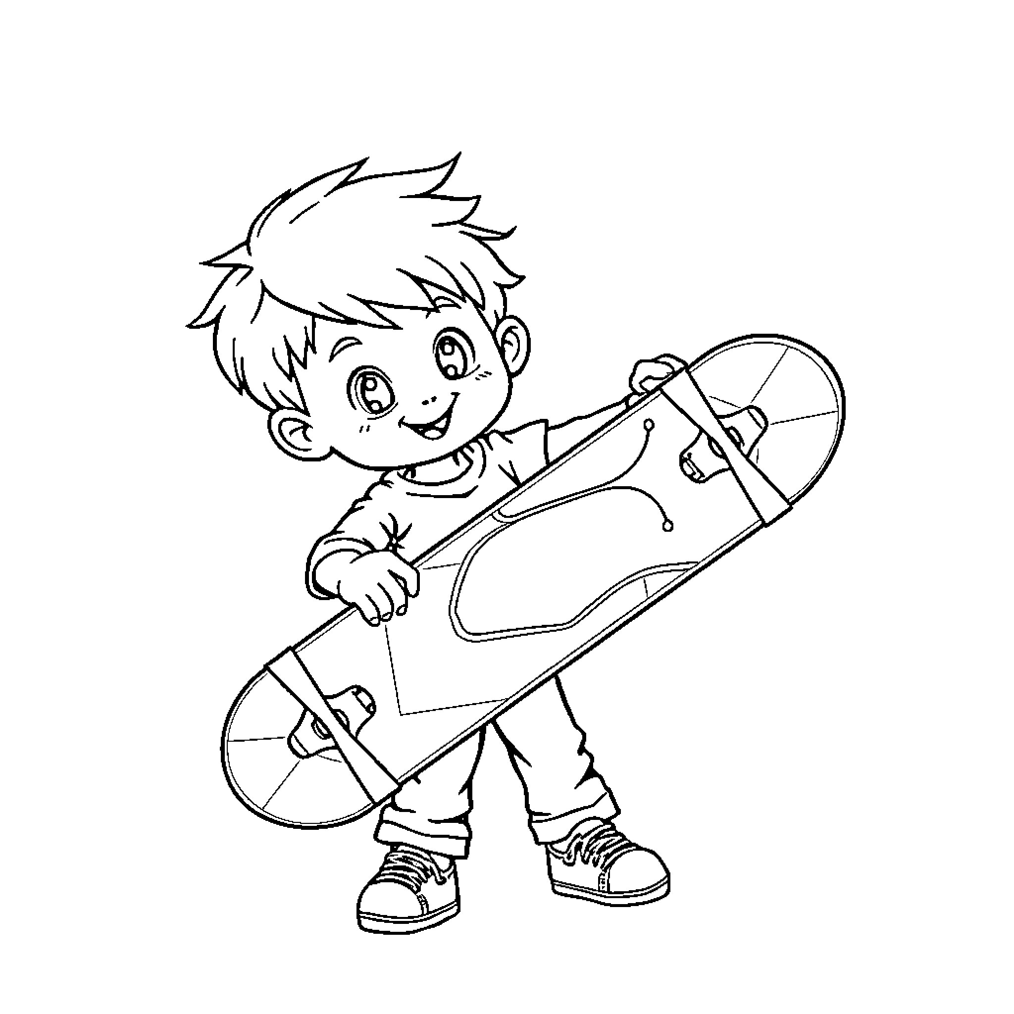 Kid playing happily with skateboard Coloring Page (free black-and-white line drawing printable PDF for all, from beginners to advanced learners, including children, teens, adults, and seniors)