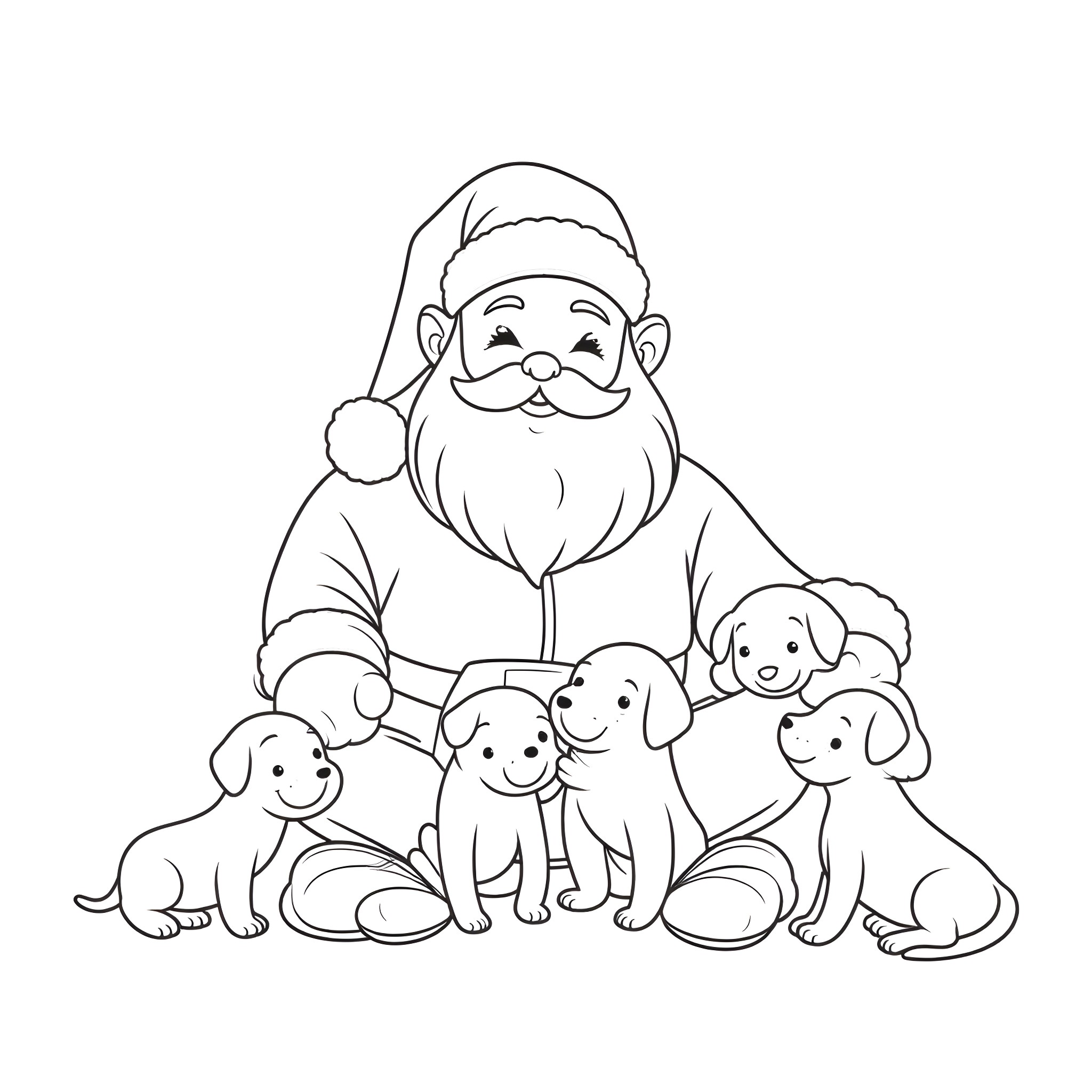 Santa surrounded by happy puppies Coloring Page (free black-and-white line drawing printable PDF for all, from beginners to advanced learners, including children, teens, adults, and seniors)