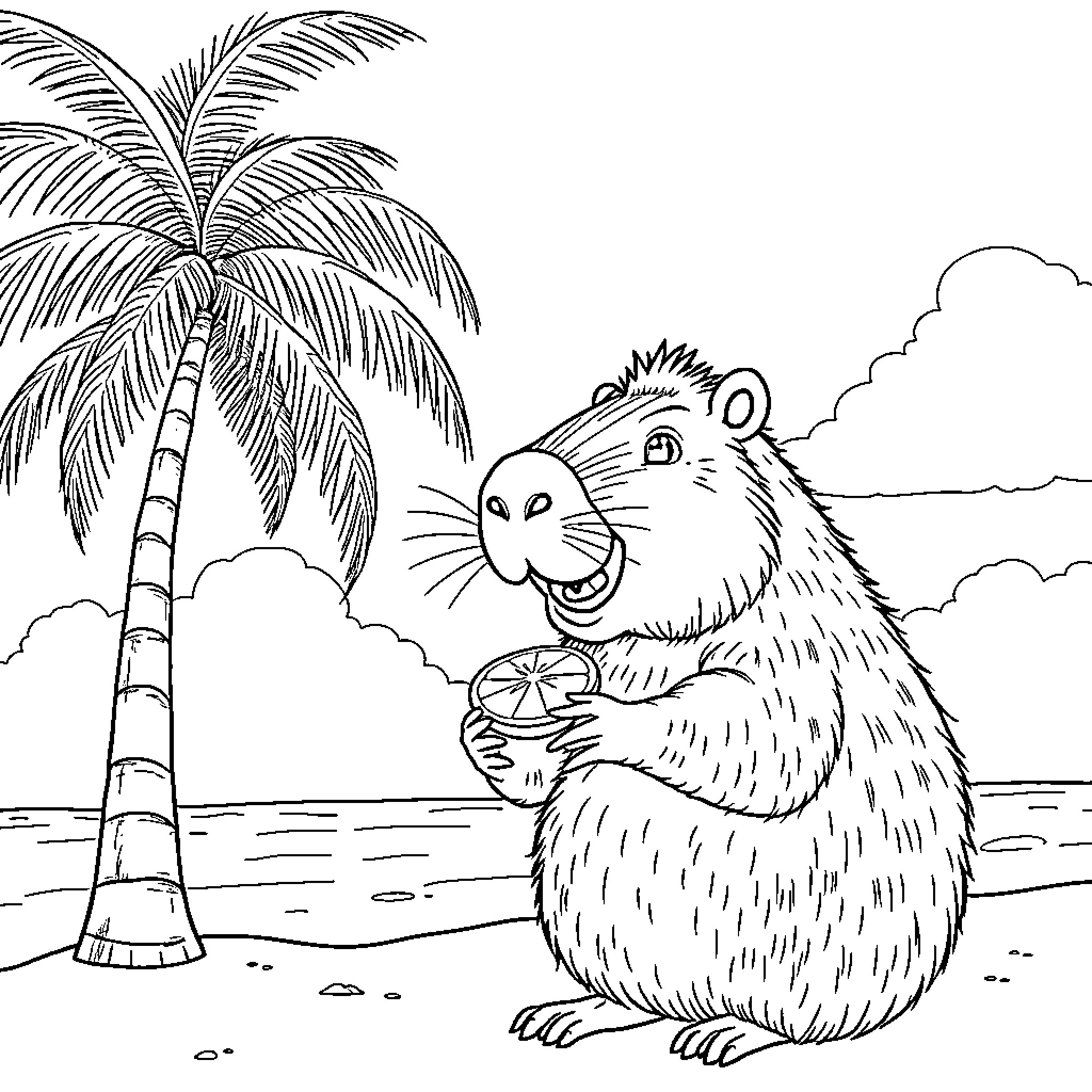 Capybara enjoying a tropical drink on the beach Coloring Page (free black-and-white line drawing printable PDF for all, from beginners to advanced learners, including children, teens, adults, and seniors)
