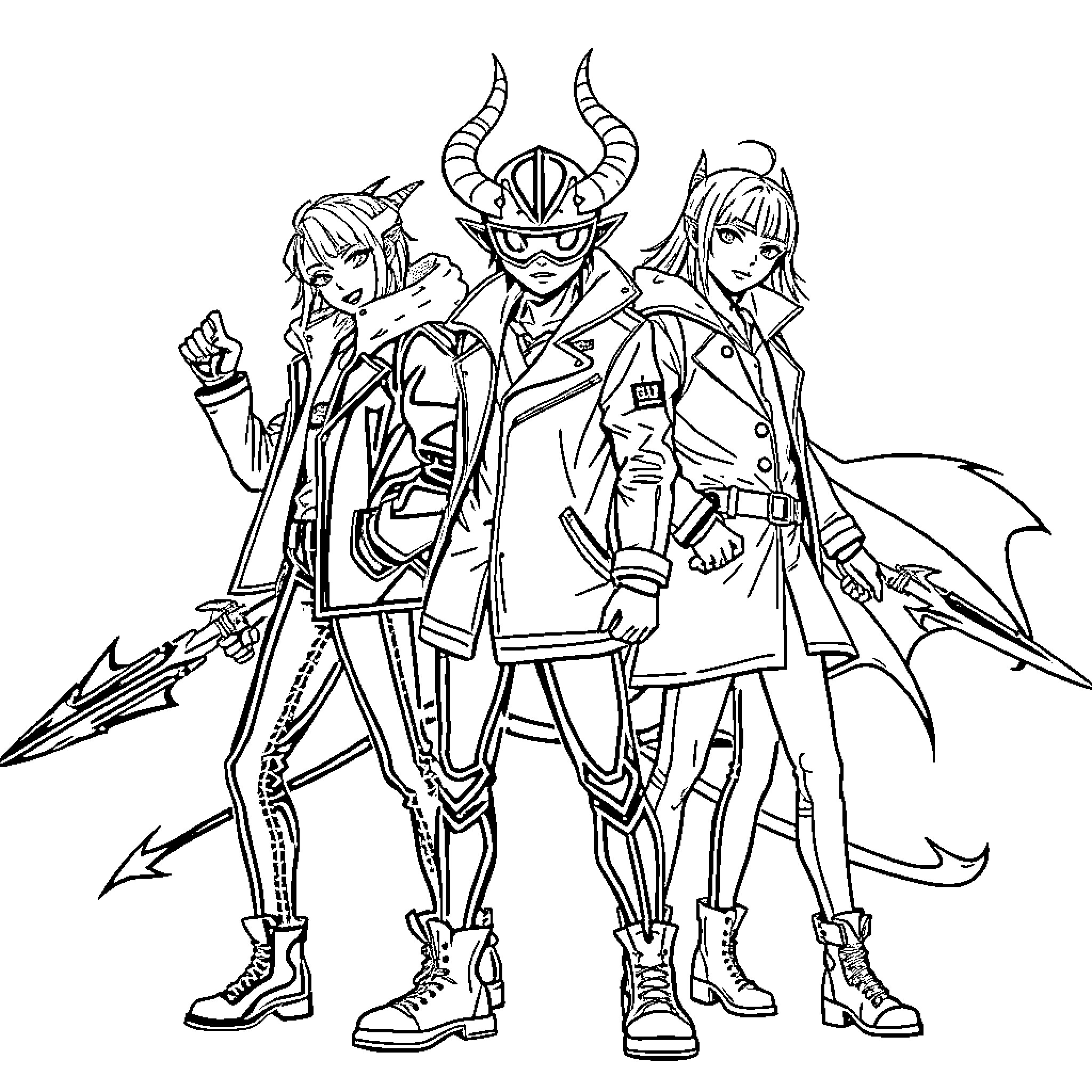 Kpop Demon Hunter Trio in Striking Outfits Coloring Page (free black-and-white line drawing printable PDF for all, from beginners to advanced learners, including children, teens, adults, and seniors)
