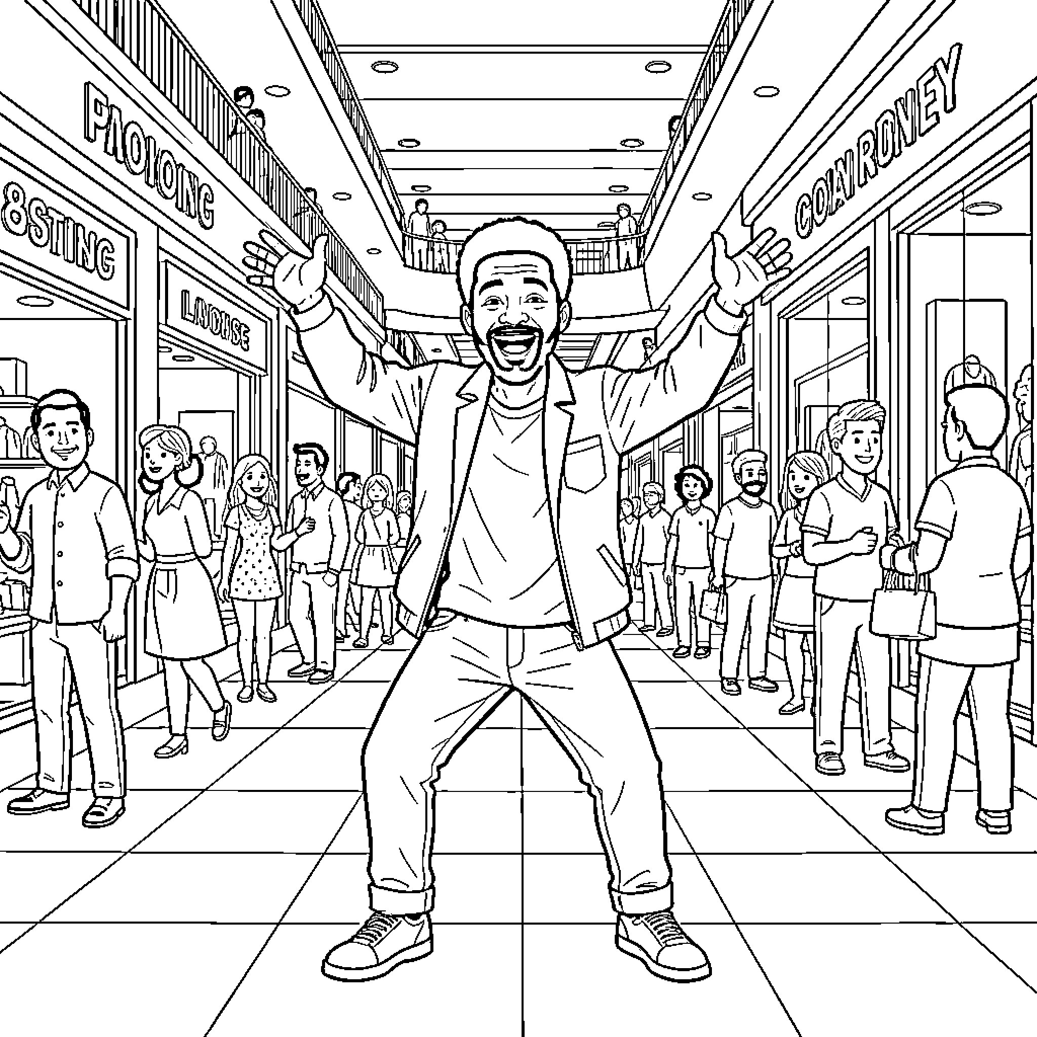 Carlton celebrating joyfully in a crowded shopping mall Coloring Page (free black-and-white line drawing printable PDF for all, from beginners to advanced learners, including children, teens, adults, and seniors)