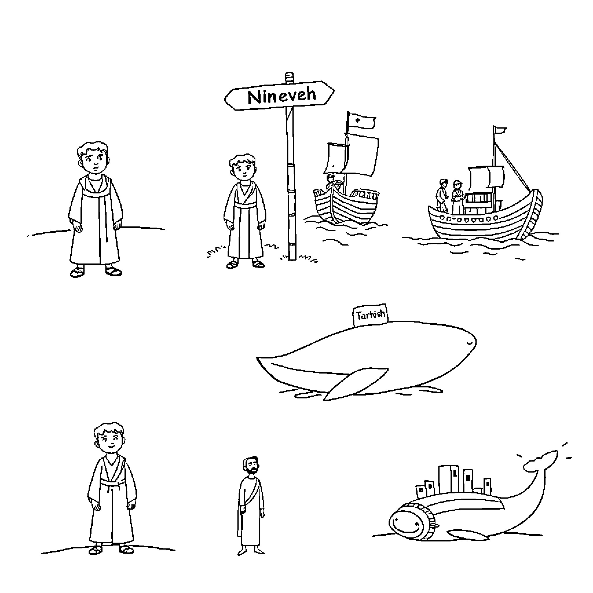 Jonah's journey through the Biblical story Coloring Page (free black-and-white line drawing printable PDF for all, from beginners to advanced learners, including children, teens, adults, and seniors)