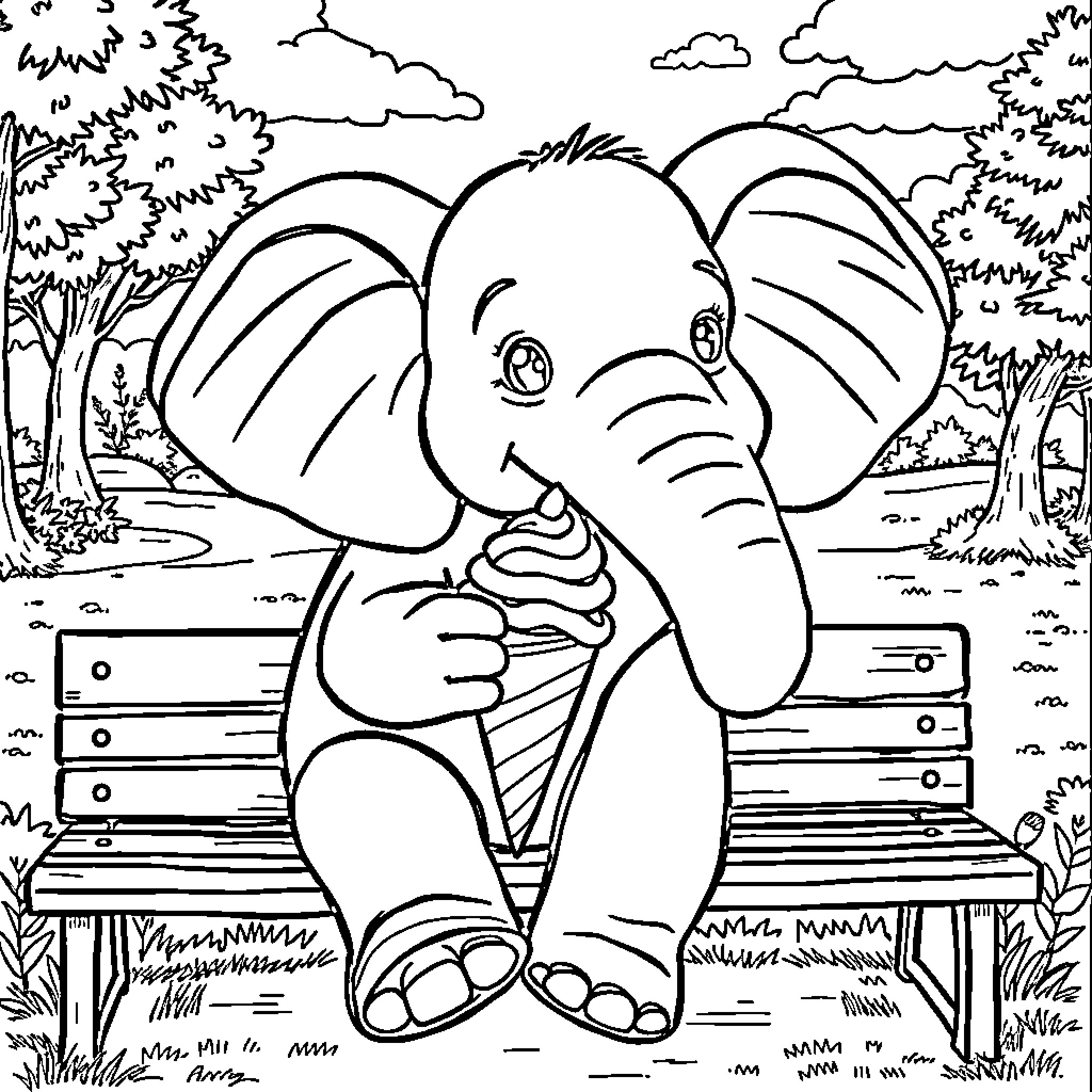 Elephant Enjoying a Peaceful Moment on a Park Bench Coloring Page (free black-and-white line drawing printable PDF for all, from beginners to advanced learners, including children, teens, adults, and seniors)
