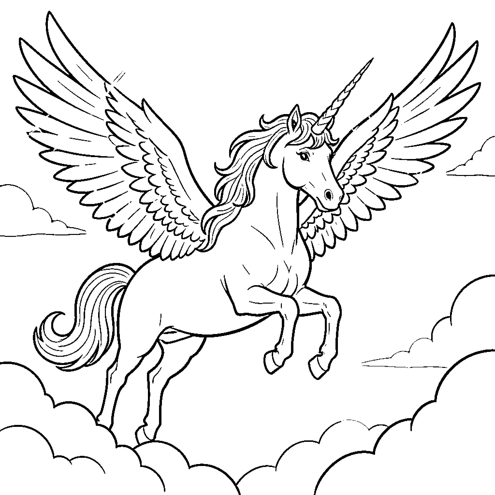 Unicorn soaring through the clouds with majestic wings Coloring Page (free black-and-white line drawing printable PDF for all, from beginners to advanced learners, including children, teens, adults, and seniors)