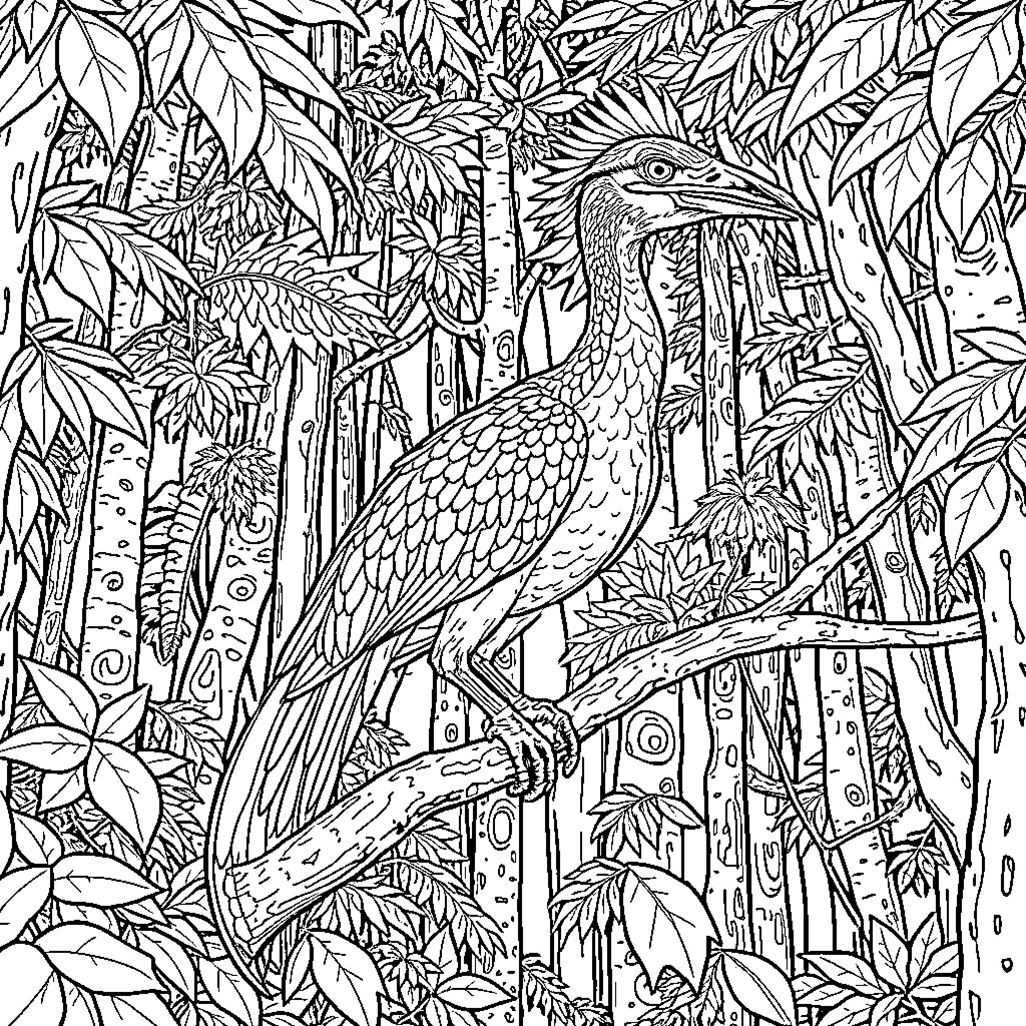 Archaeopteryx in the Lush Jungle Foliage Coloring Page (free black-and-white line drawing printable PDF for all, from beginners to advanced learners, including children, teens, adults, and seniors)