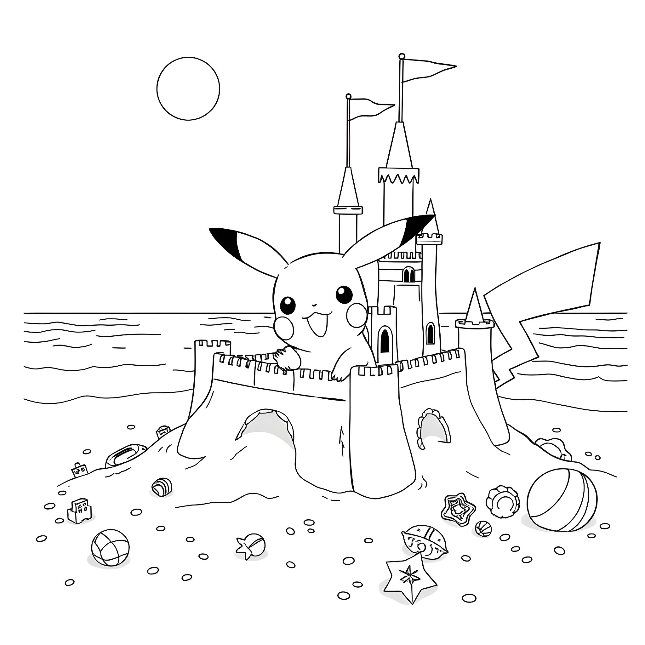 Pikachu playing at the beach with a castle Coloring Page (free black-and-white line drawing printable PDF for all, from beginners to advanced learners, including children, teens, adults, and seniors)