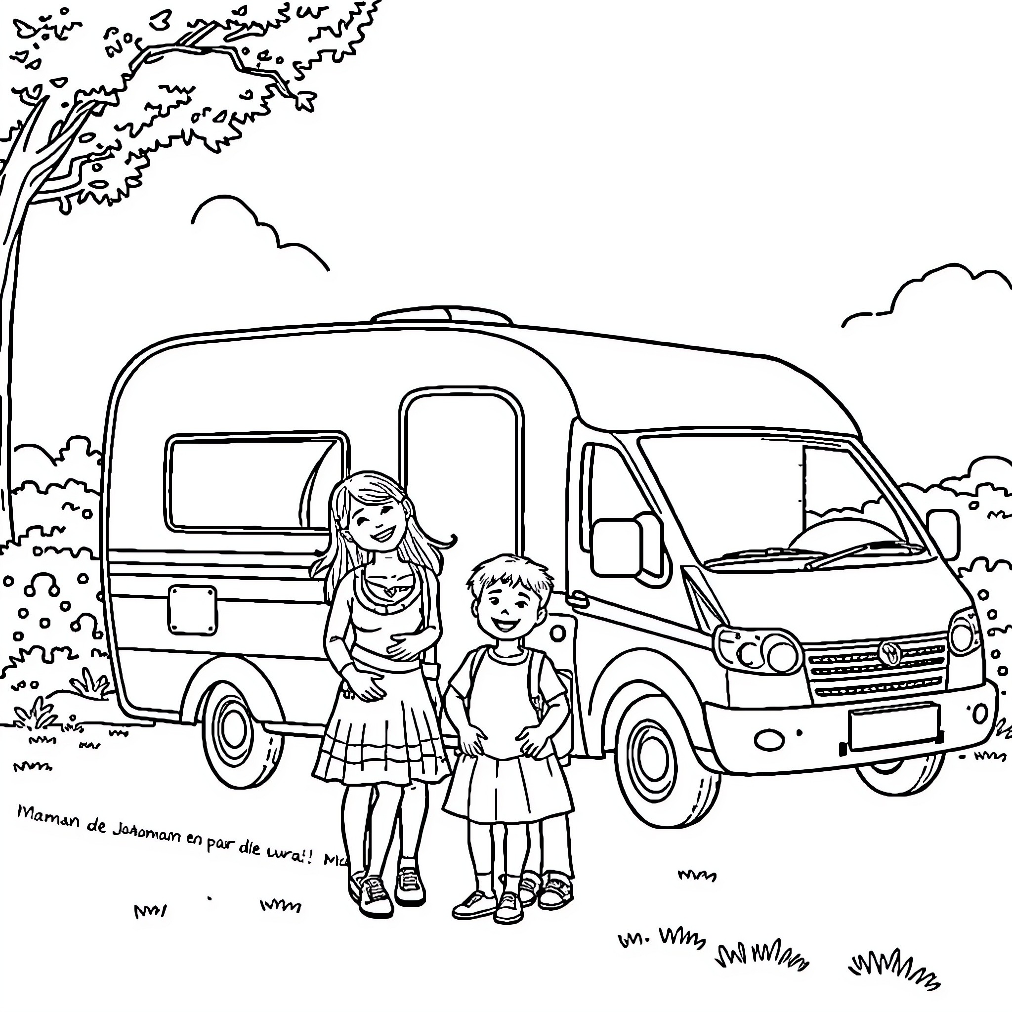 Family enjoying a camping trip in the countryside Coloring Page (free black-and-white line drawing printable PDF for all, from beginners to advanced learners, including children, teens, adults, and seniors)