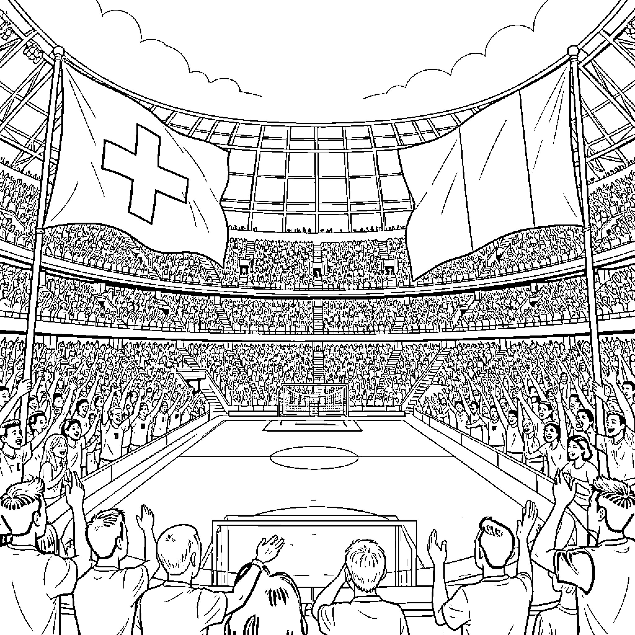 World Cup fans cheering in a crowded stadium Coloring Page (free black-and-white line drawing printable PDF for all, from beginners to advanced learners, including children, teens, adults, and seniors)