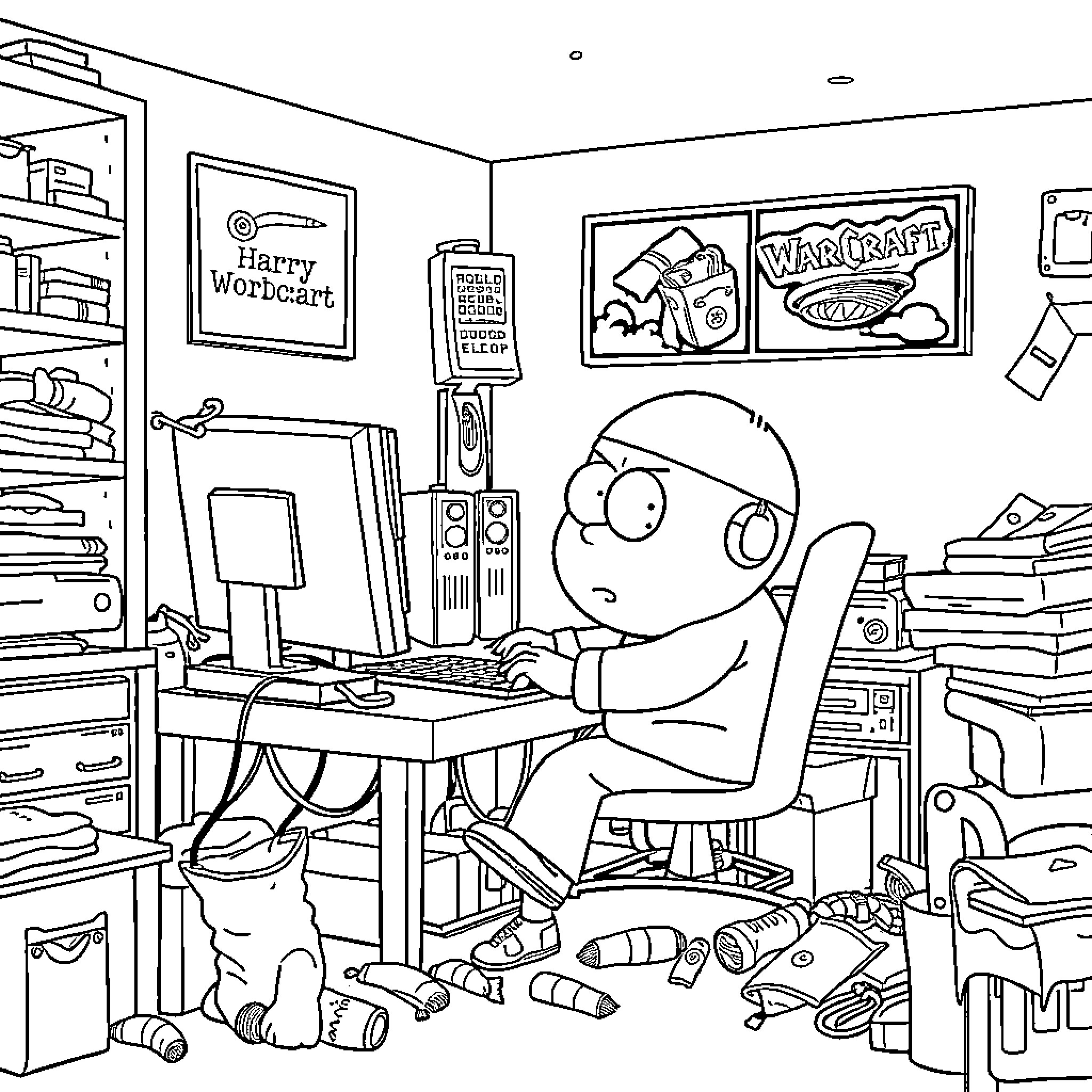 Cartman's Gamer Lair: Video Games and Clutter Coloring Page (free black-and-white line drawing printable PDF for all, from beginners to advanced learners, including children, teens, adults, and seniors)