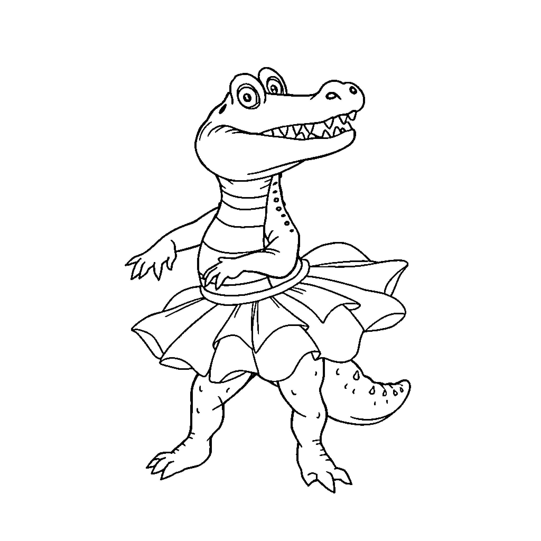Crocodile dancing in a tutu dress Coloring Page (free black-and-white line drawing printable PDF for all, from beginners to advanced learners, including children, teens, adults, and seniors)