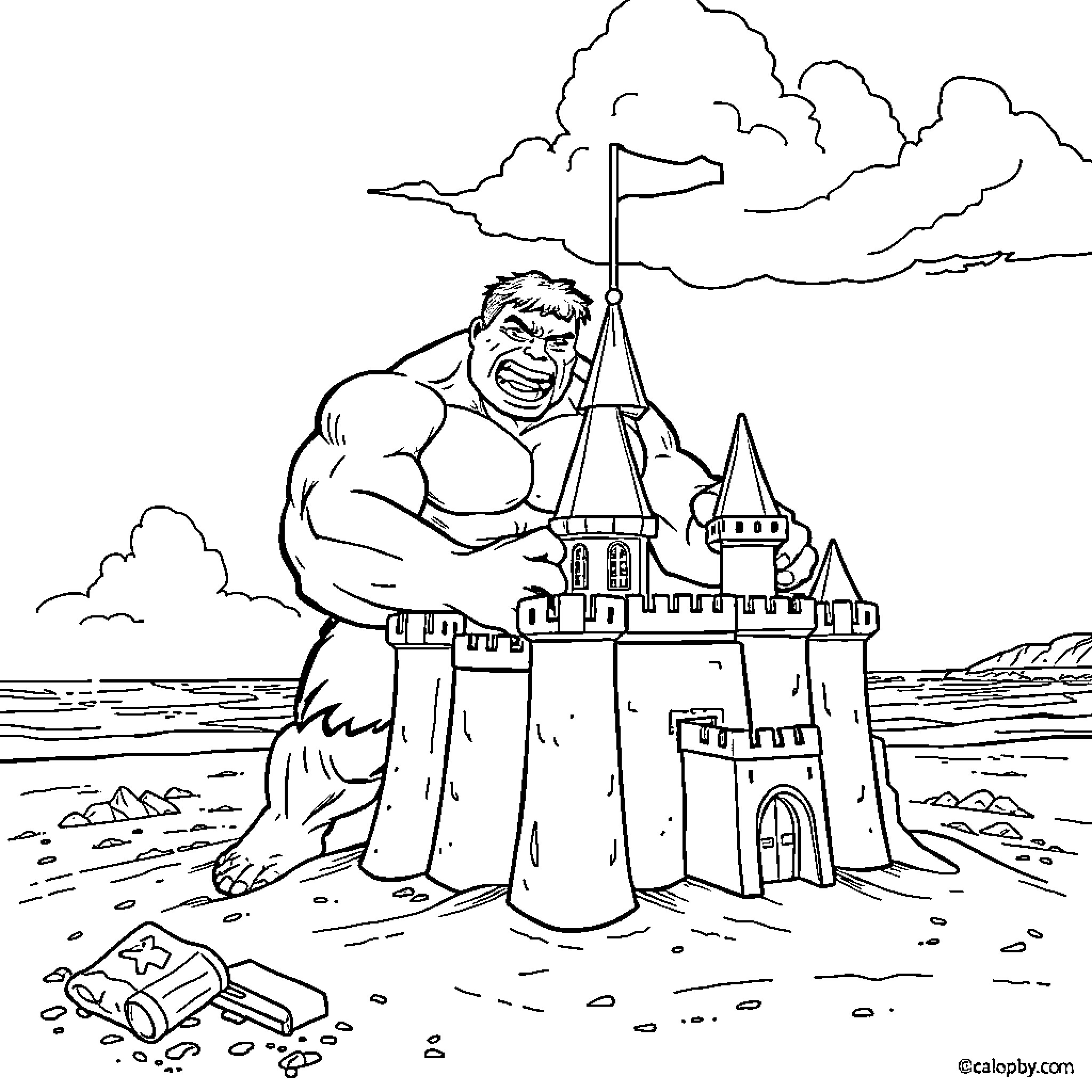 Hulk Smashes Sandcastle Castle Coloring Page (free black-and-white line drawing printable PDF for all, from beginners to advanced learners, including children, teens, adults, and seniors)